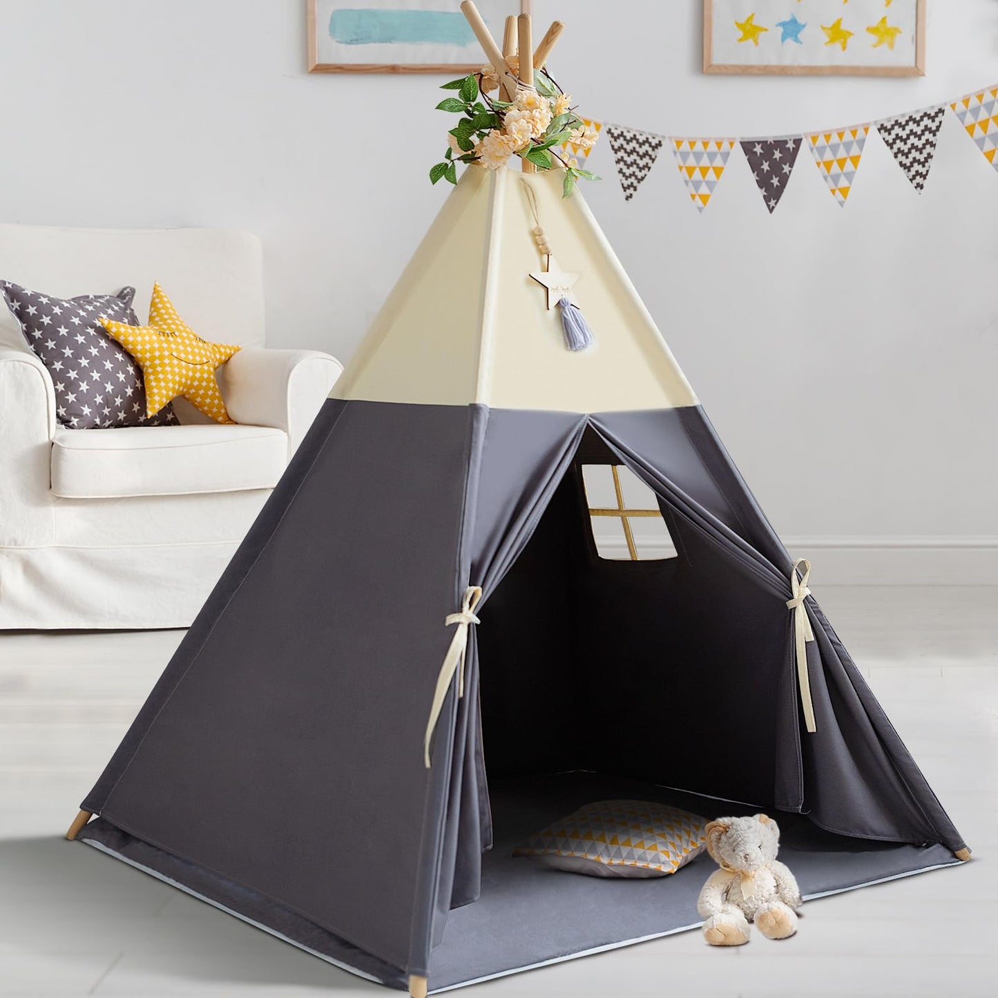 RONGFA Teepee Tent for Kids – 100% Cotton Play Tent with Mat (Beige Gray)