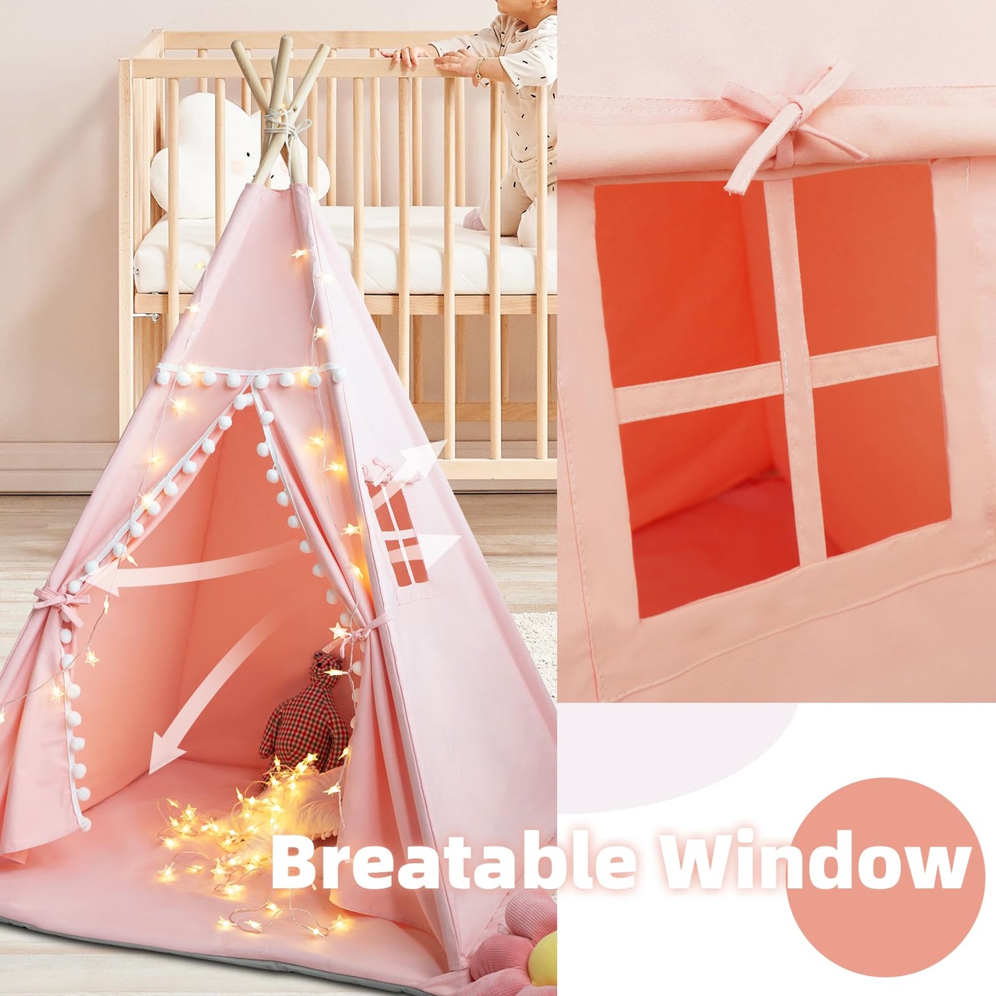 RONGFA Teepee Tent for Kids – Pink Cotton Canvas Playhouse with Mat, Carry Case & Foldable Design