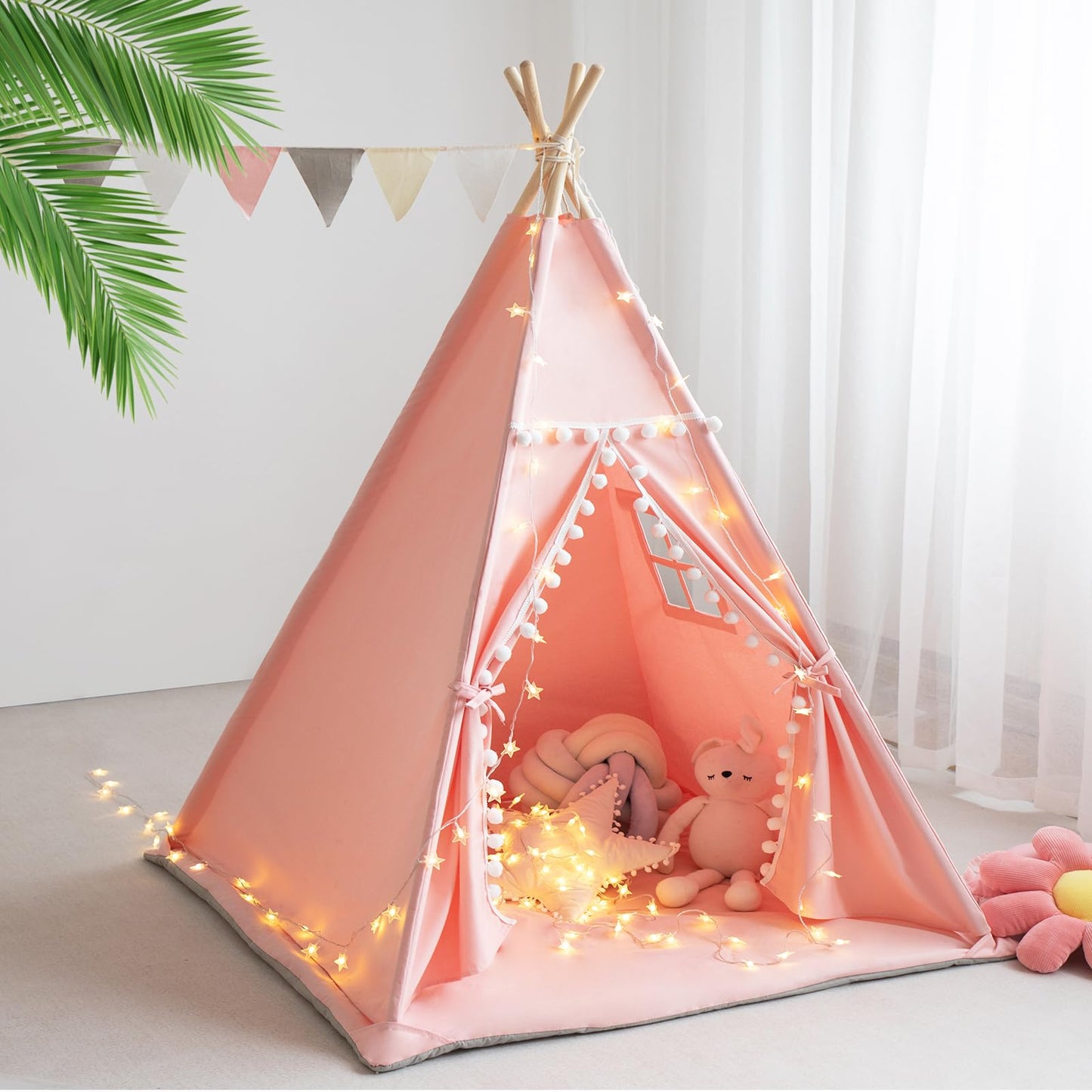 RONGFA Teepee Tent for Kids – Pink Cotton Canvas Playhouse with Mat, Carry Case & Foldable Design