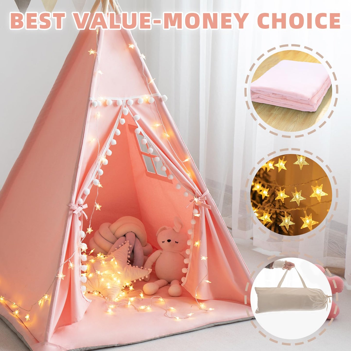 RONGFA Teepee Tent for Kids – Pink Cotton Canvas Playhouse with Mat, Carry Case & Foldable Design
