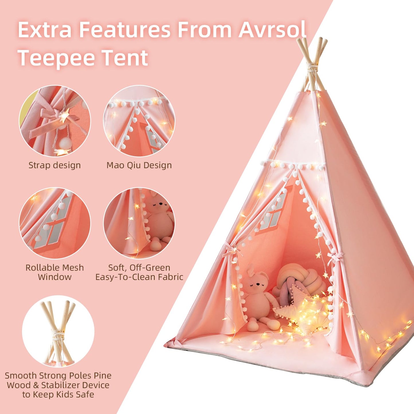 RONGFA Teepee Tent for Kids – Pink Cotton Canvas Playhouse with Mat, Carry Case & Foldable Design