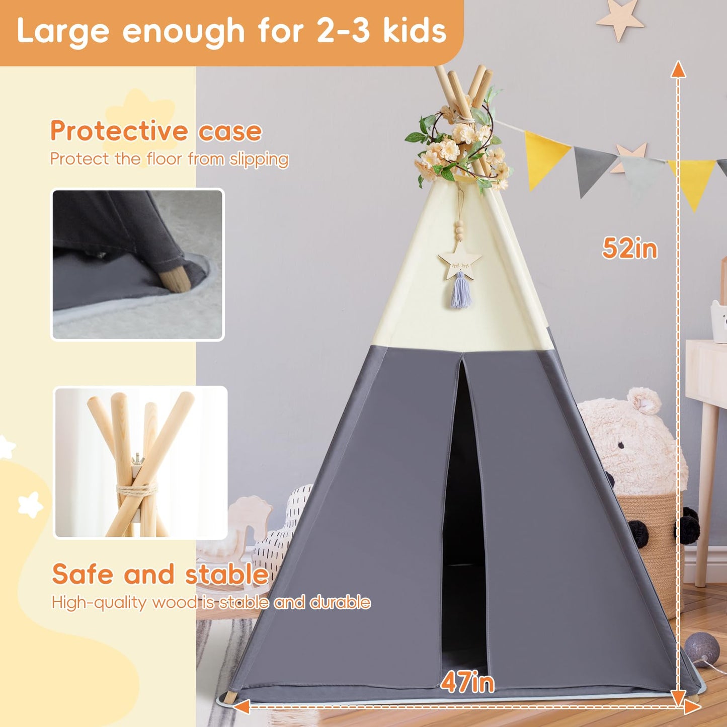 RONGFA Teepee Tent for Kids – 100% Cotton Play Tent with Mat (Beige Gray)