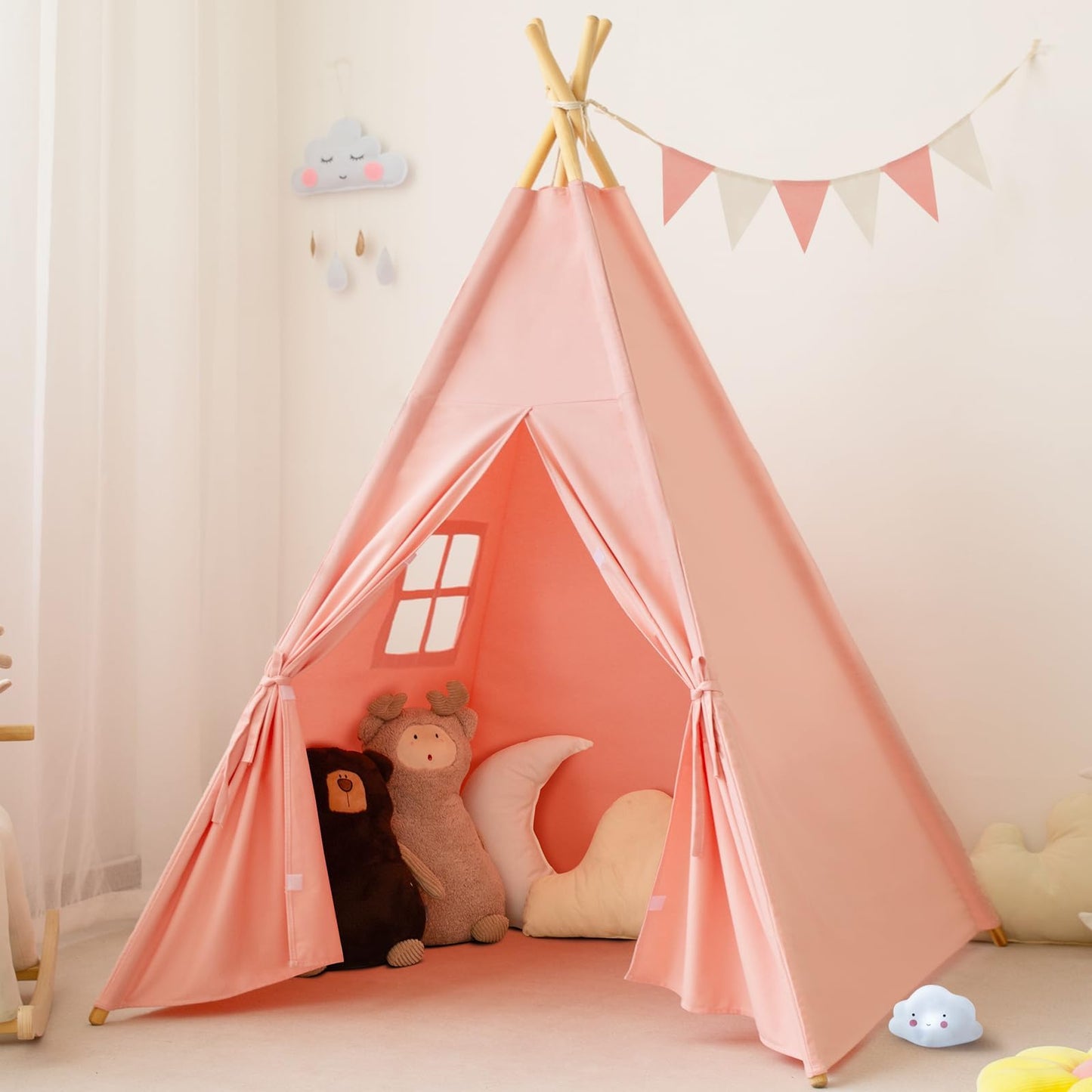 RongFa Pink Teepee Tent for Kids – Portable Indoor/Outdoor Playhouse (48x48x56 in)