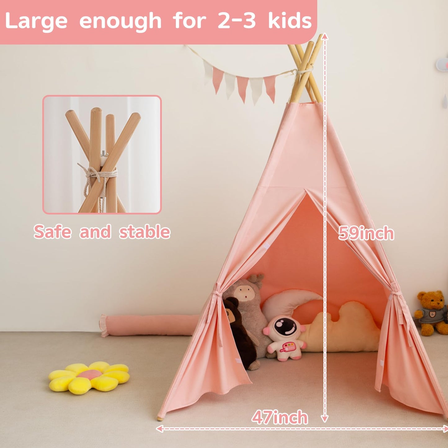 RongFa Pink Teepee Tent for Kids – Portable Indoor/Outdoor Playhouse (48x48x56 in)