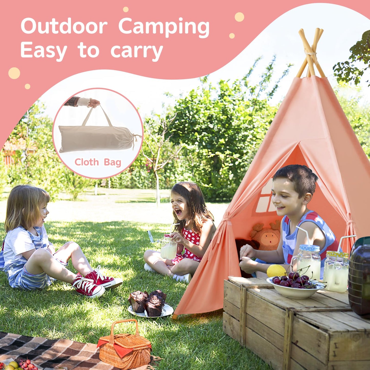 RongFa Pink Teepee Tent for Kids – Portable Indoor/Outdoor Playhouse (48x48x56 in)