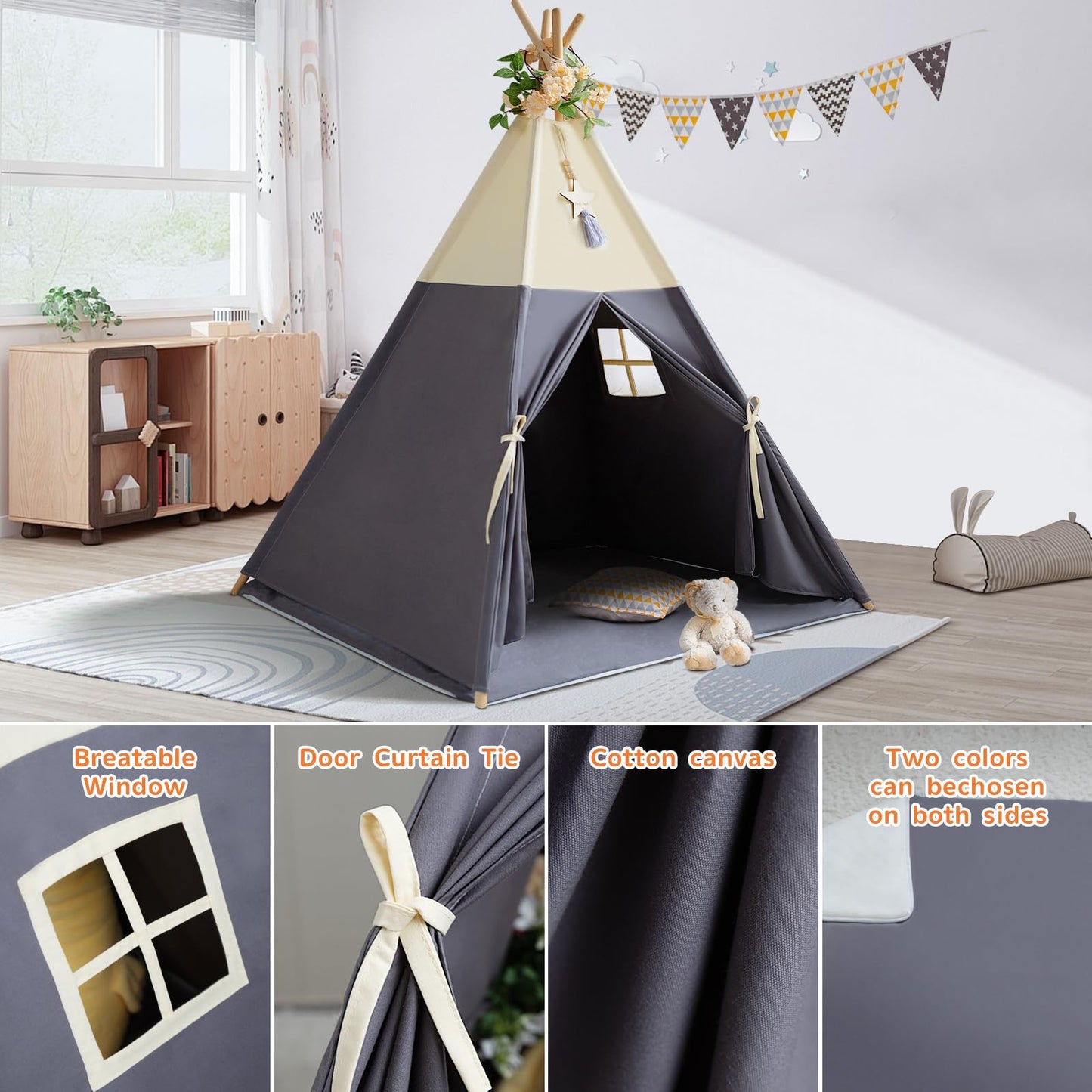 RONGFA Teepee Tent for Kids – 100% Cotton Play Tent with Mat (Beige Gray)