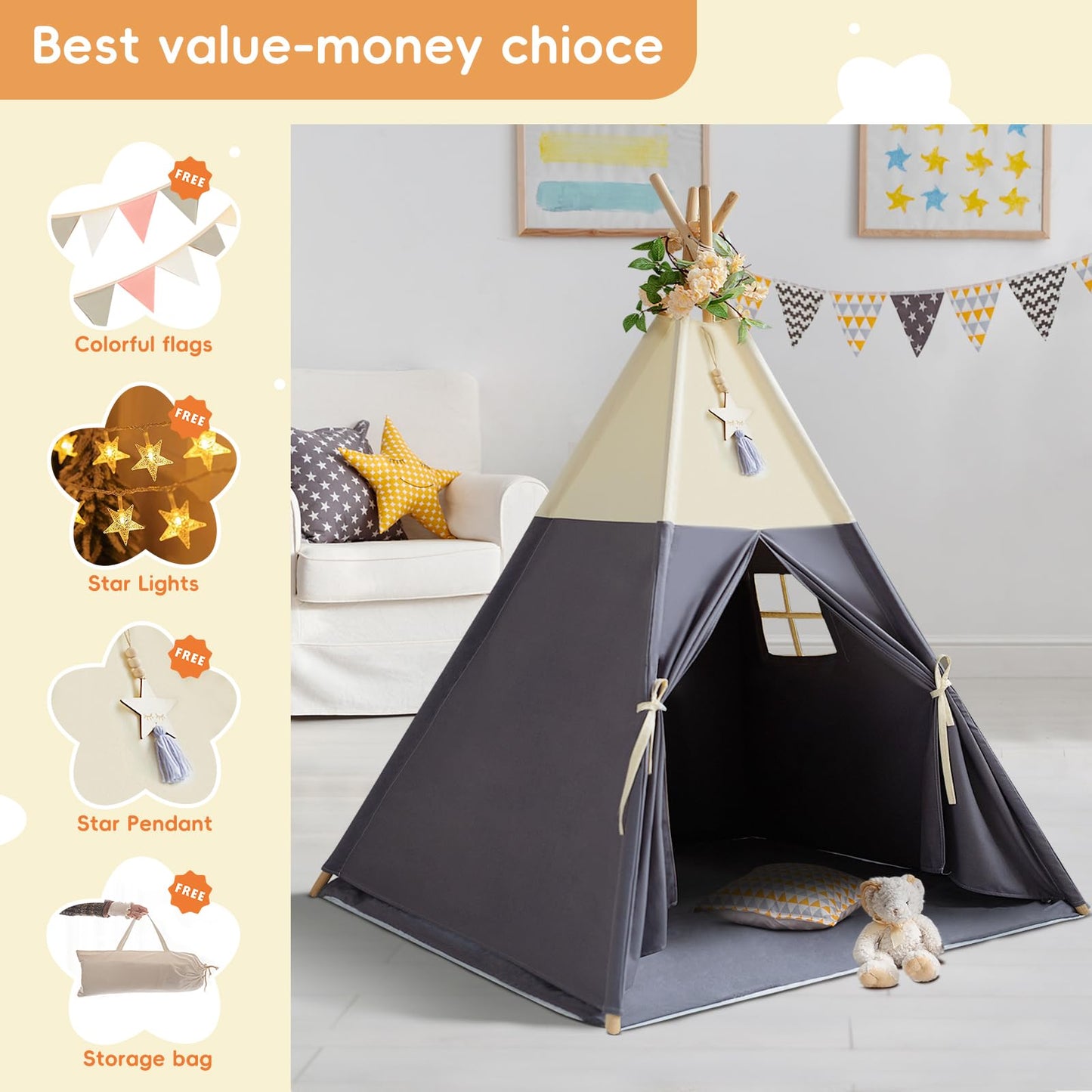 RONGFA Teepee Tent for Kids – 100% Cotton Play Tent with Mat (Beige Gray)