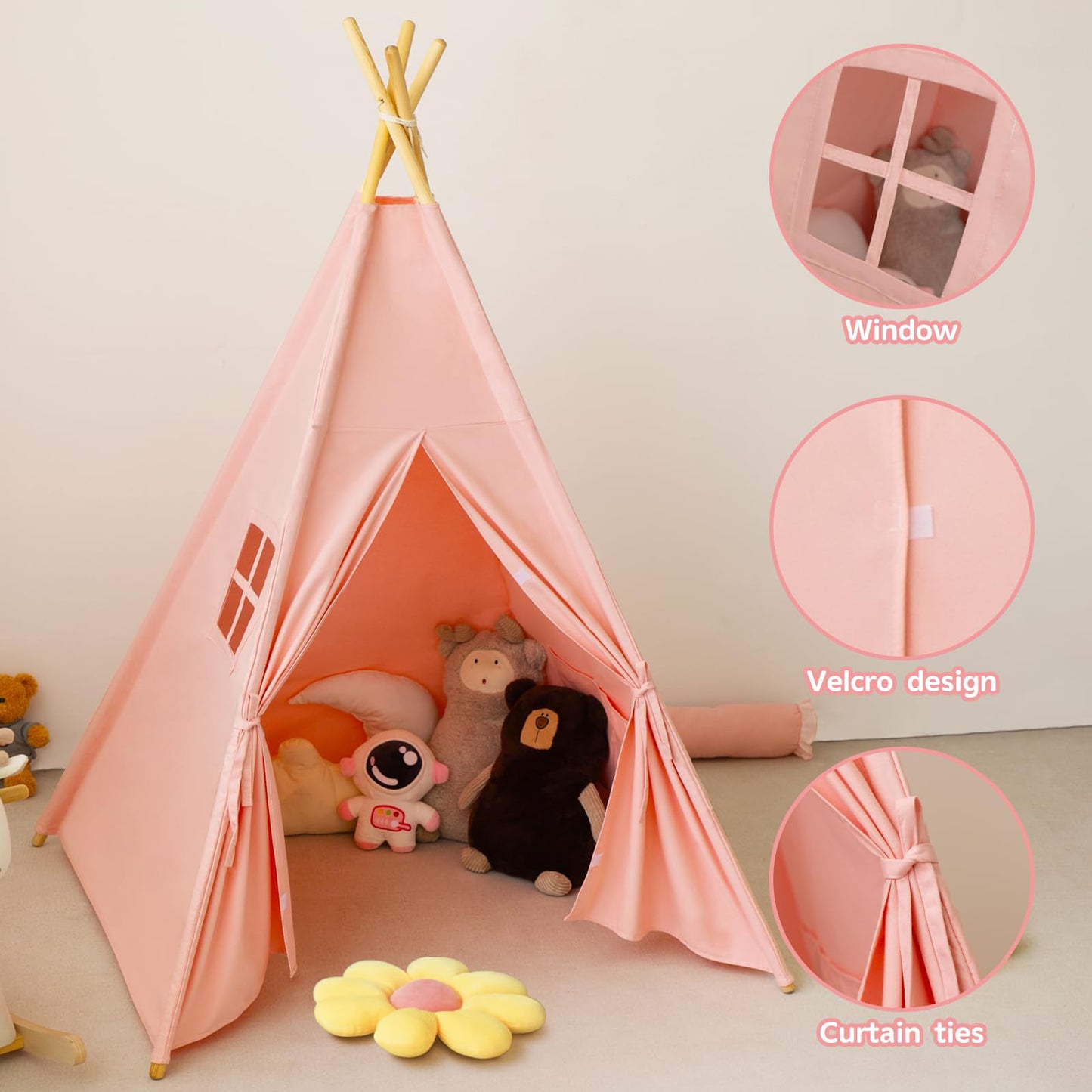 RongFa Pink Teepee Tent for Kids – Portable Indoor/Outdoor Playhouse (48x48x56 in)