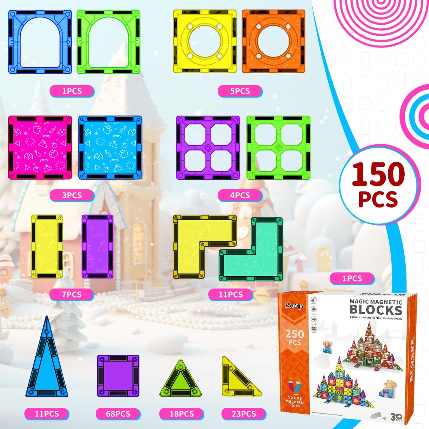 Ronqs 250 PCS 3D STEM Magnetic Tiles for Kids | Magnetic Building Blocks Set