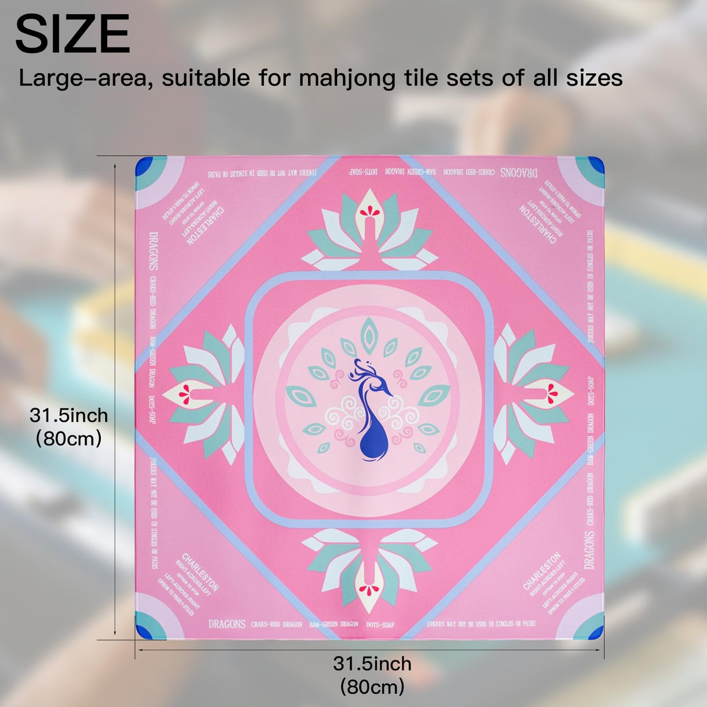 Roocn 2026 Mahjong Mat 31.5 x 31.5 in | Non-Slip, Noise-Reducing, Waterproof Surface | Pink Peacock Design