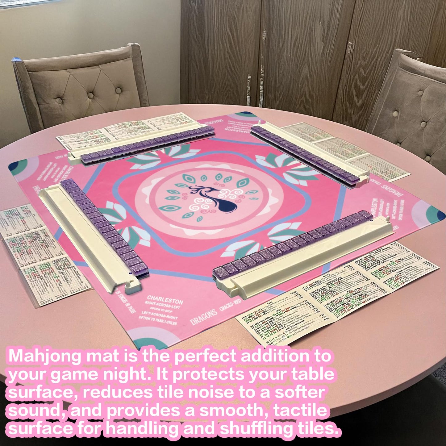 Roocn 2026 Mahjong Mat 31.5 x 31.5 in | Non-Slip, Noise-Reducing, Waterproof Surface | Pink Peacock Design