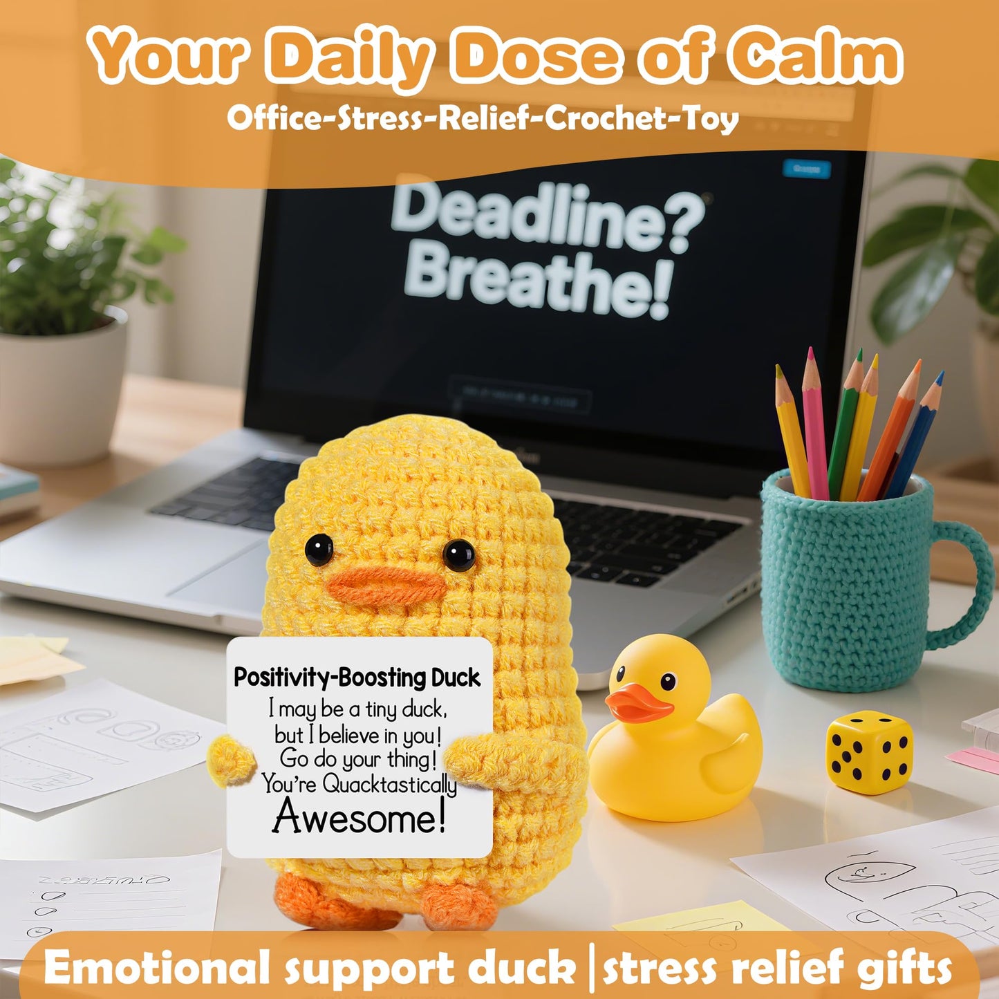 RoomyRoc Positive Affirmation Crochet Duck – Handmade Desk Decor & Mood-Boosting Toy