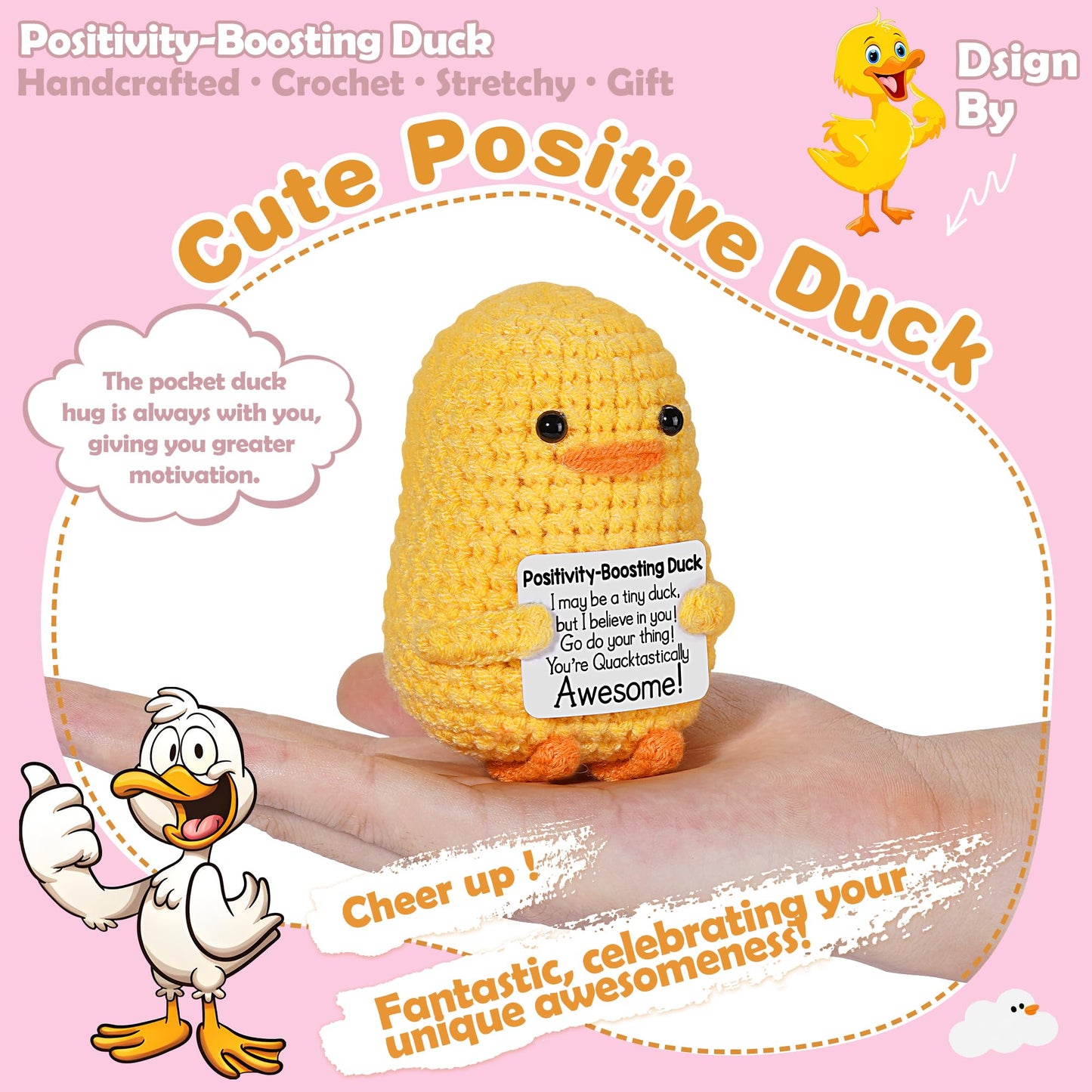 RoomyRoc Positive Affirmation Crochet Duck – Handmade Desk Decor & Mood-Boosting Toy
