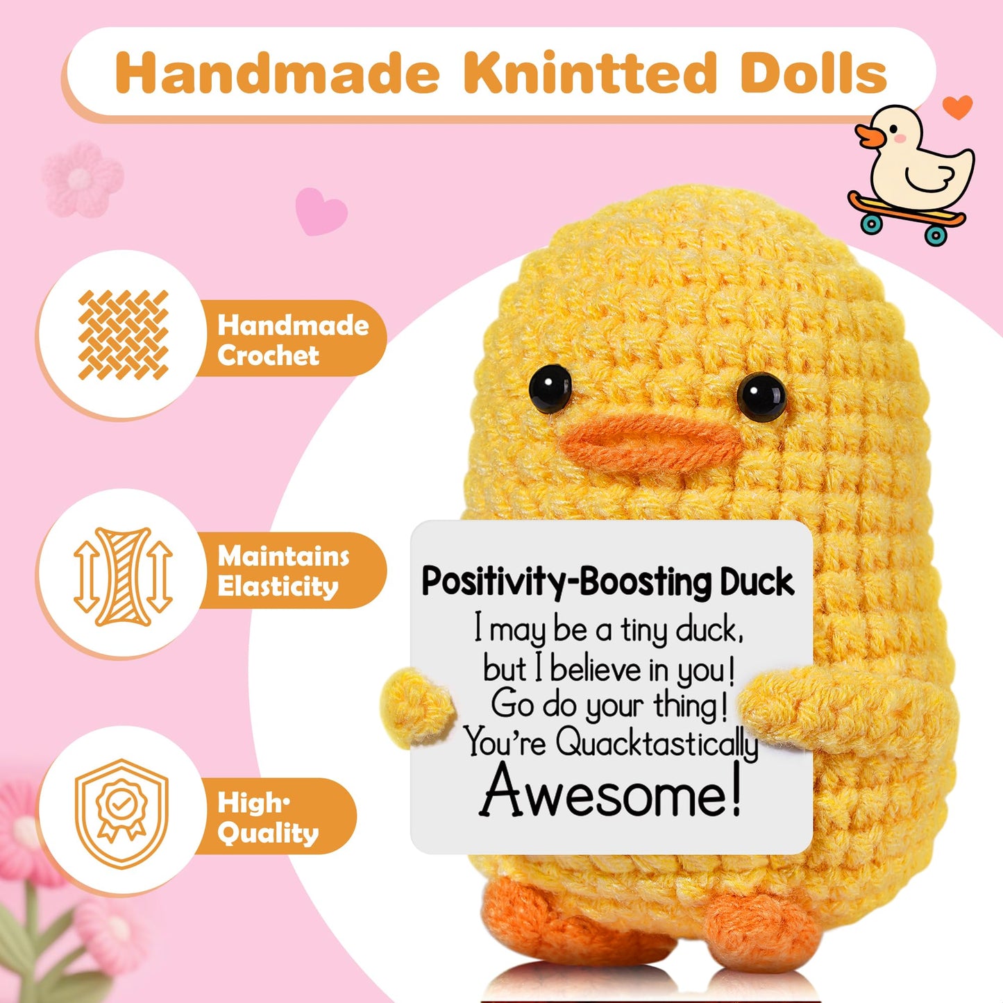 RoomyRoc Positive Affirmation Crochet Duck – Handmade Desk Decor & Mood-Boosting Toy