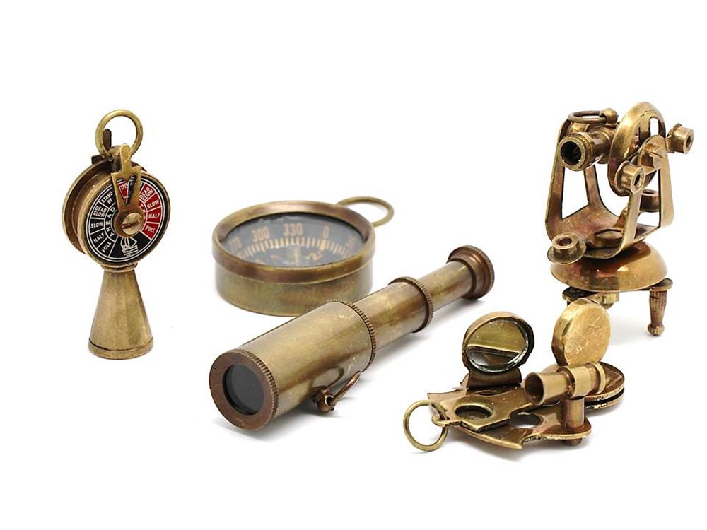 Roorkee Instruments: Brass Nautical Miniatures Set – Telescope, Compass, Sextant, Theodolite & Telegraph