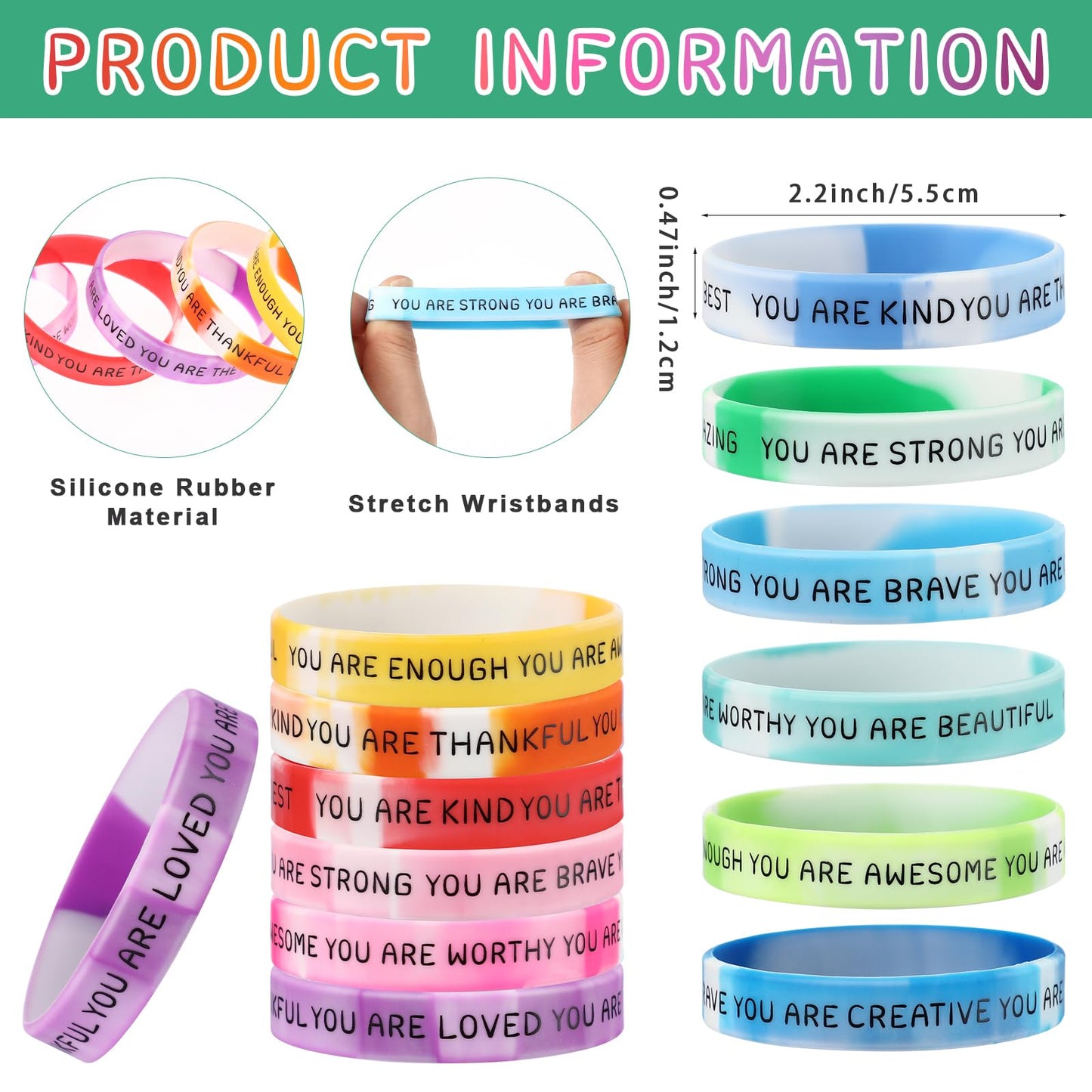 Roowest 120 Pcs Motivational Silicone Wristbands – Gradient Color Inspirational Bracelets for Students, Gifts & Prizes