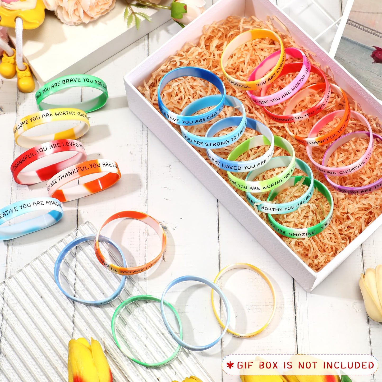 Roowest 120 Pcs Motivational Silicone Wristbands – Gradient Color Inspirational Bracelets for Students, Gifts & Prizes
