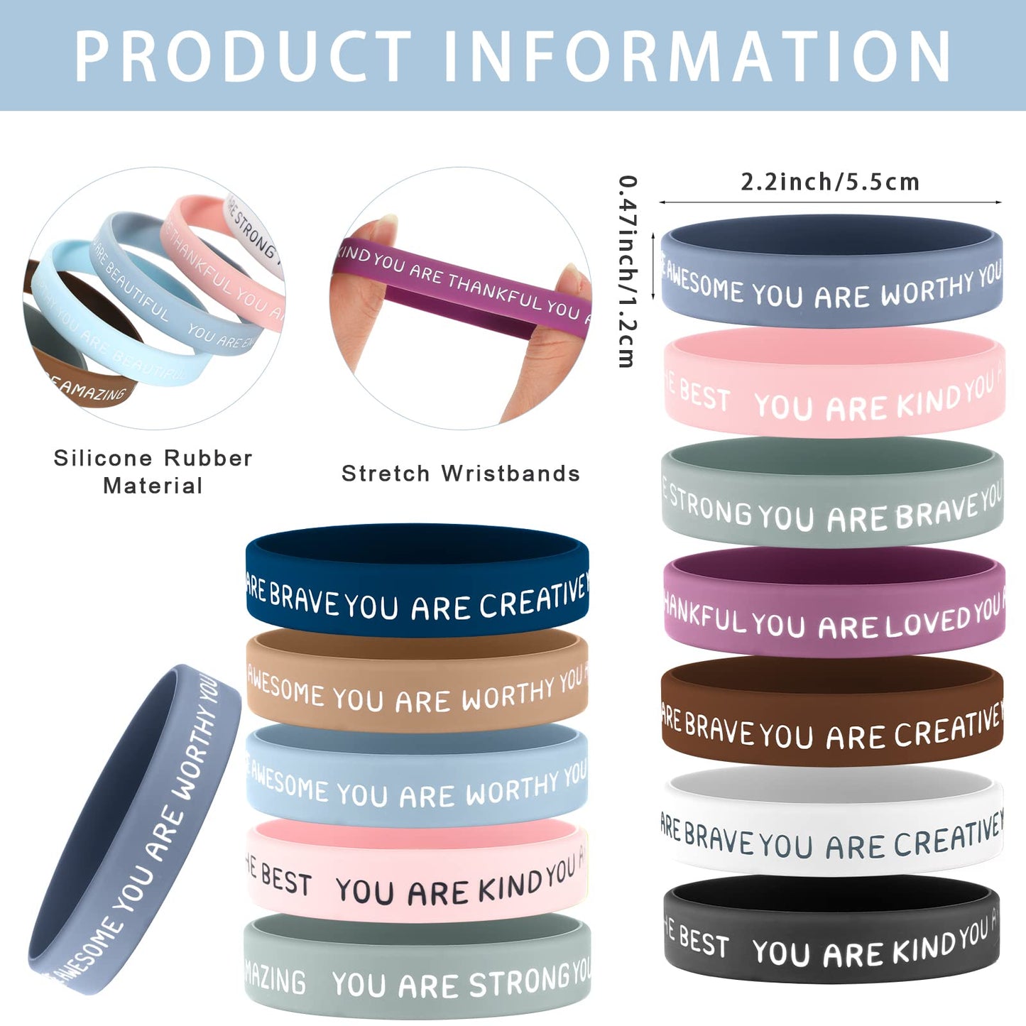 Roowest 120 Pcs Motivational Wristbands Bulk for Students – 12 Styles Inspirational Silicone Bracelets