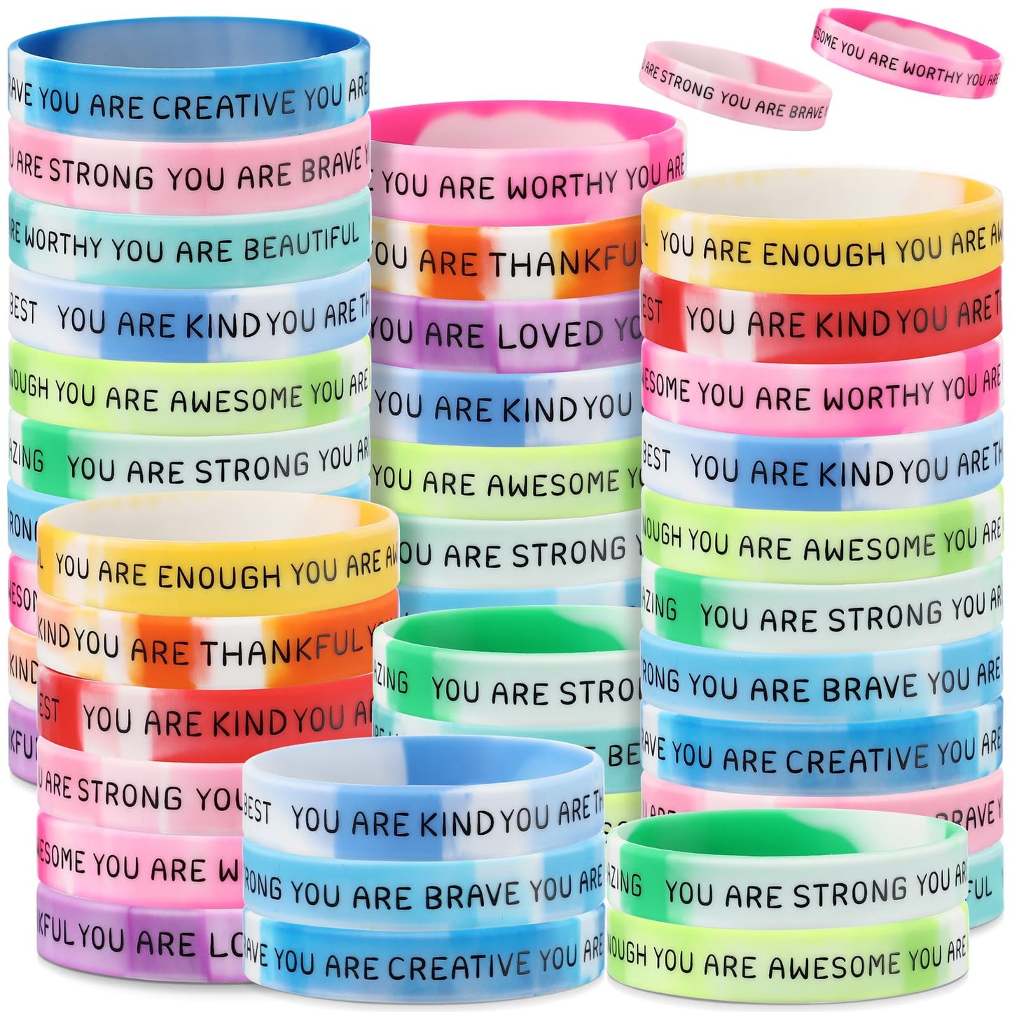 Roowest 120 Pcs Motivational Silicone Wristbands – Gradient Color Inspirational Bracelets for Students, Gifts & Prizes