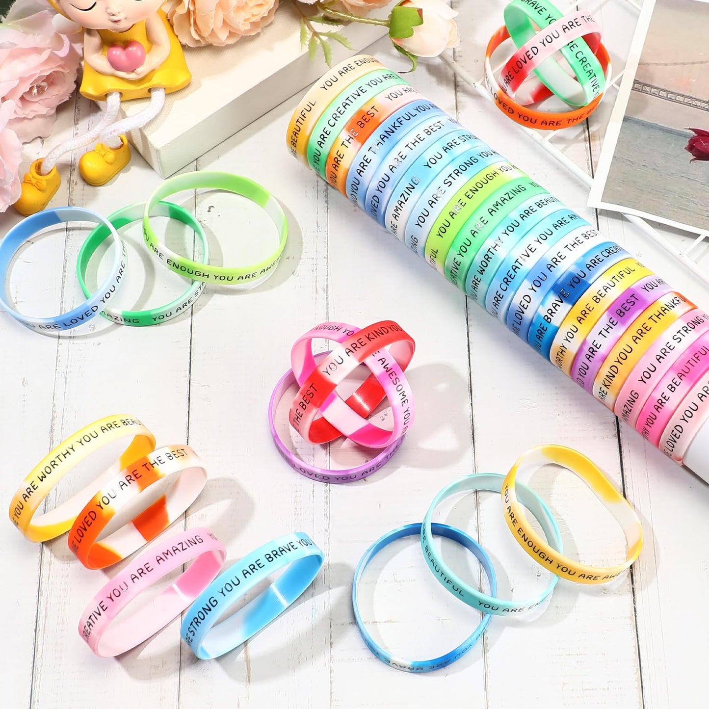 Roowest 120 Pcs Motivational Silicone Wristbands – Gradient Color Inspirational Bracelets for Students, Gifts & Prizes