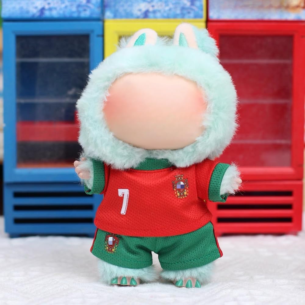 Roozxbscen Labubu 2-Piece Soccer Outfit for 17cm Dolls – Breathable Jersey & Elastic Shorts