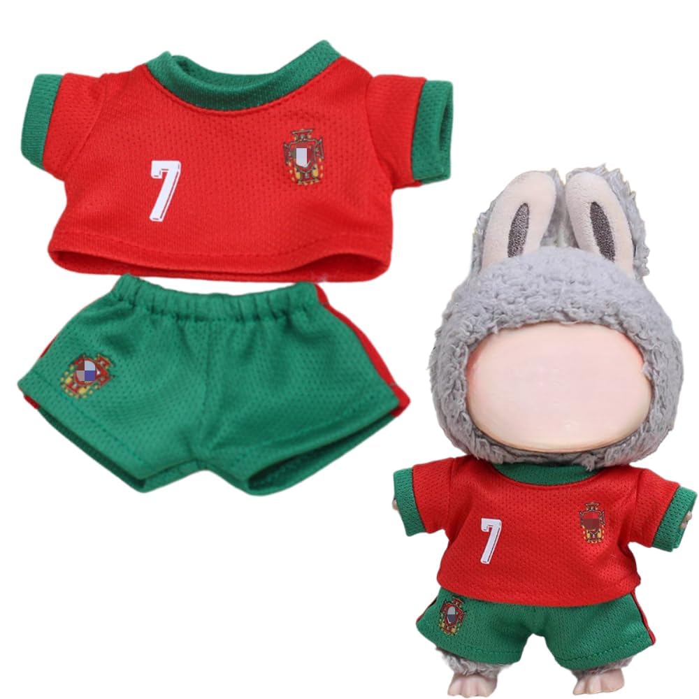 Roozxbscen Labubu 2-Piece Soccer Outfit for 17cm Dolls – Breathable Jersey & Elastic Shorts