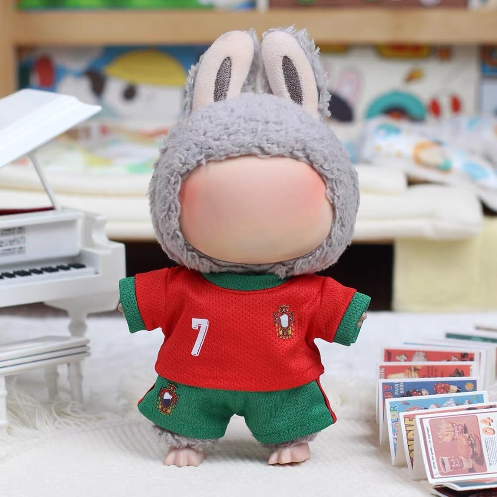 Roozxbscen Labubu 2-Piece Soccer Outfit for 17cm Dolls – Breathable Jersey & Elastic Shorts