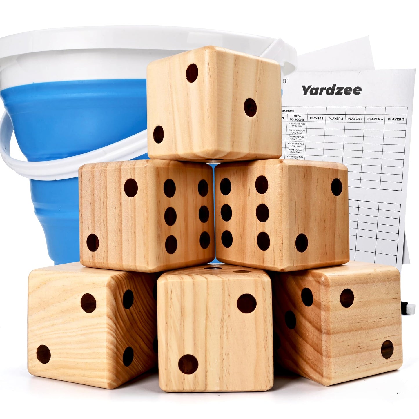 ropoda 3.5-inch Giant Wooden Yard Dice Set for Outdoor Fun | 6 Dice, Collapsible Bucket & Score Cards