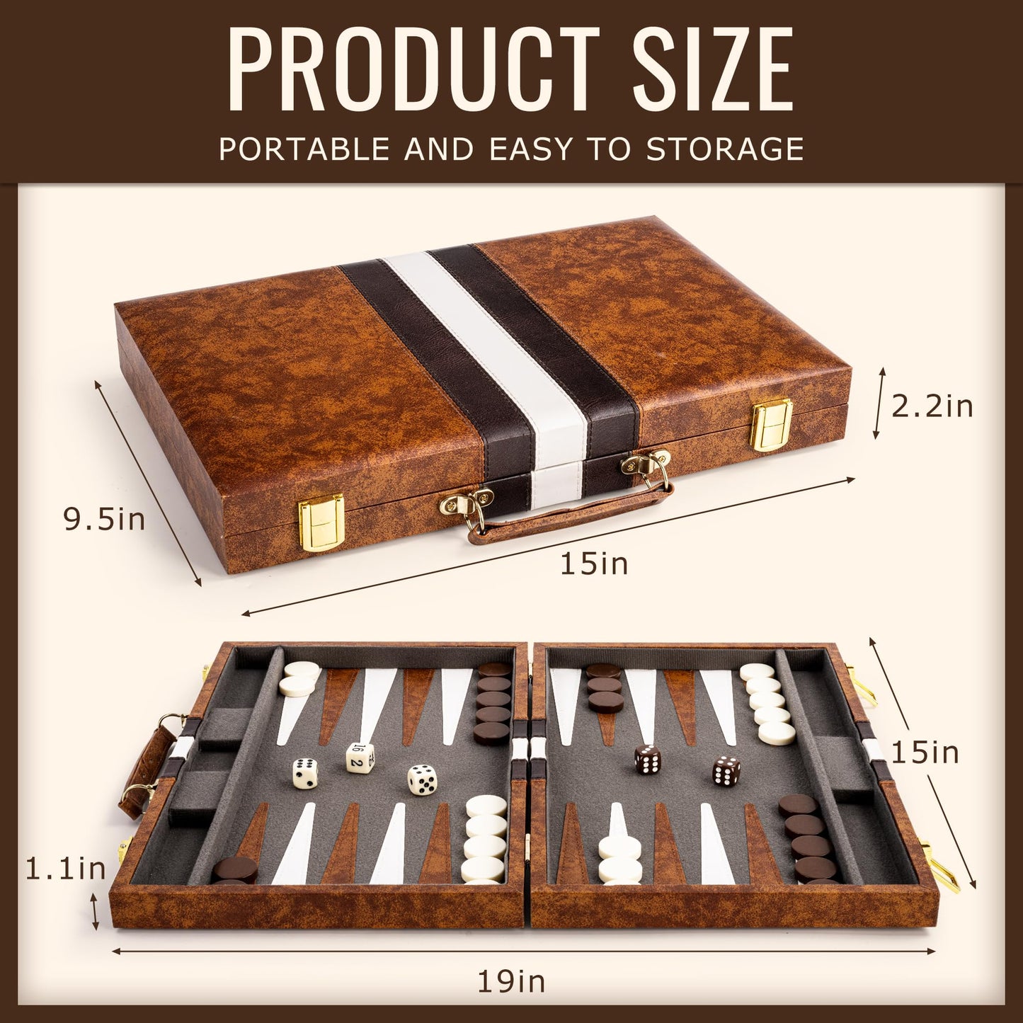 ropoda Backgammon Board Game Set (15 Inches) – Portable Leather Case