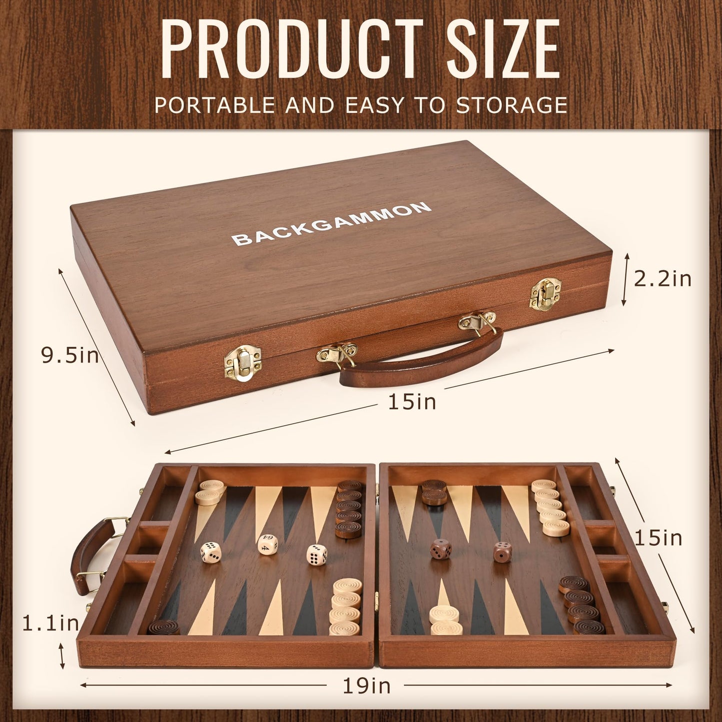Ropoda Sapele Wood Backgammon Board Set (15-Inch) – Portable Classic Strategy Game