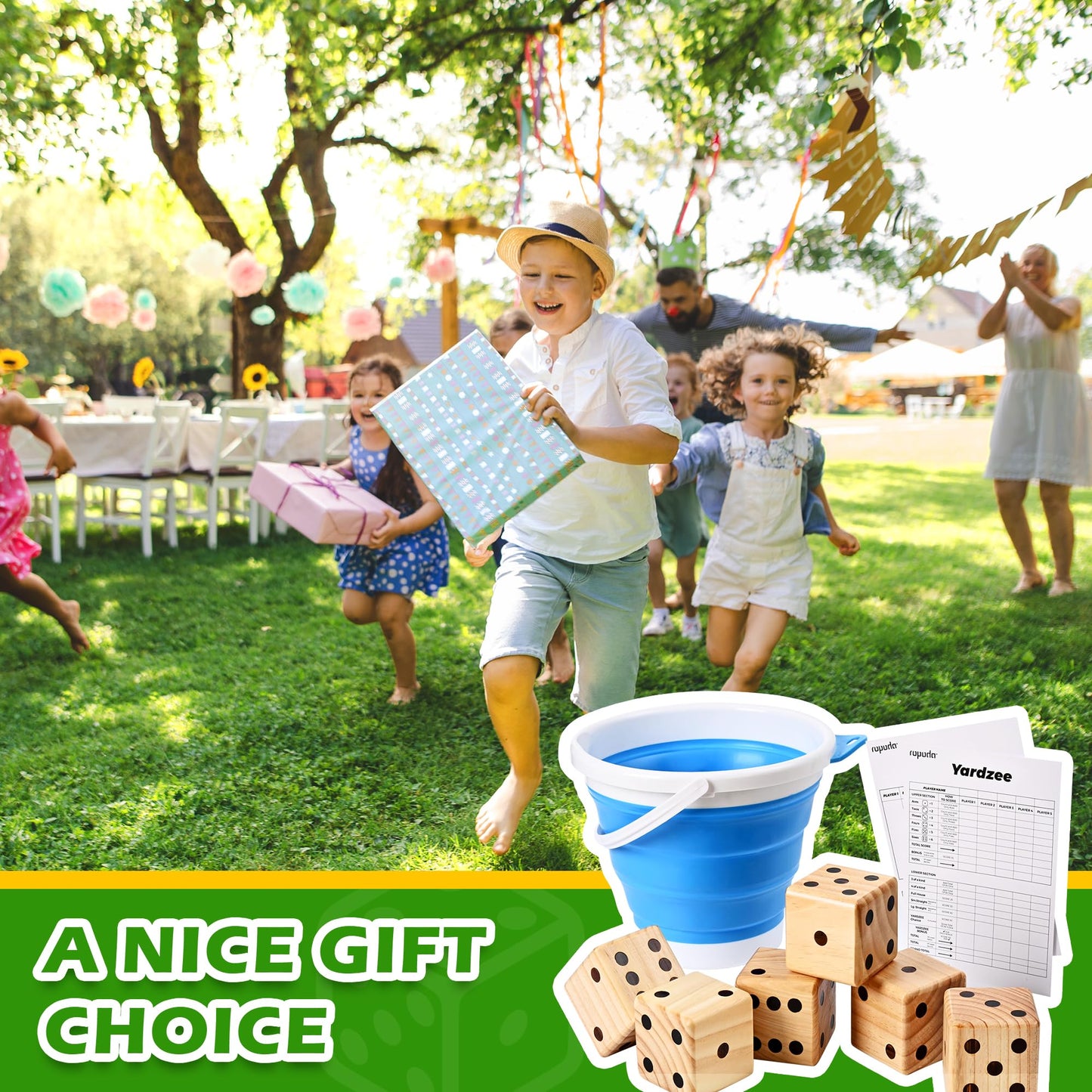ropoda 3.5-inch Giant Wooden Yard Dice Set for Outdoor Fun | 6 Dice, Collapsible Bucket & Score Cards