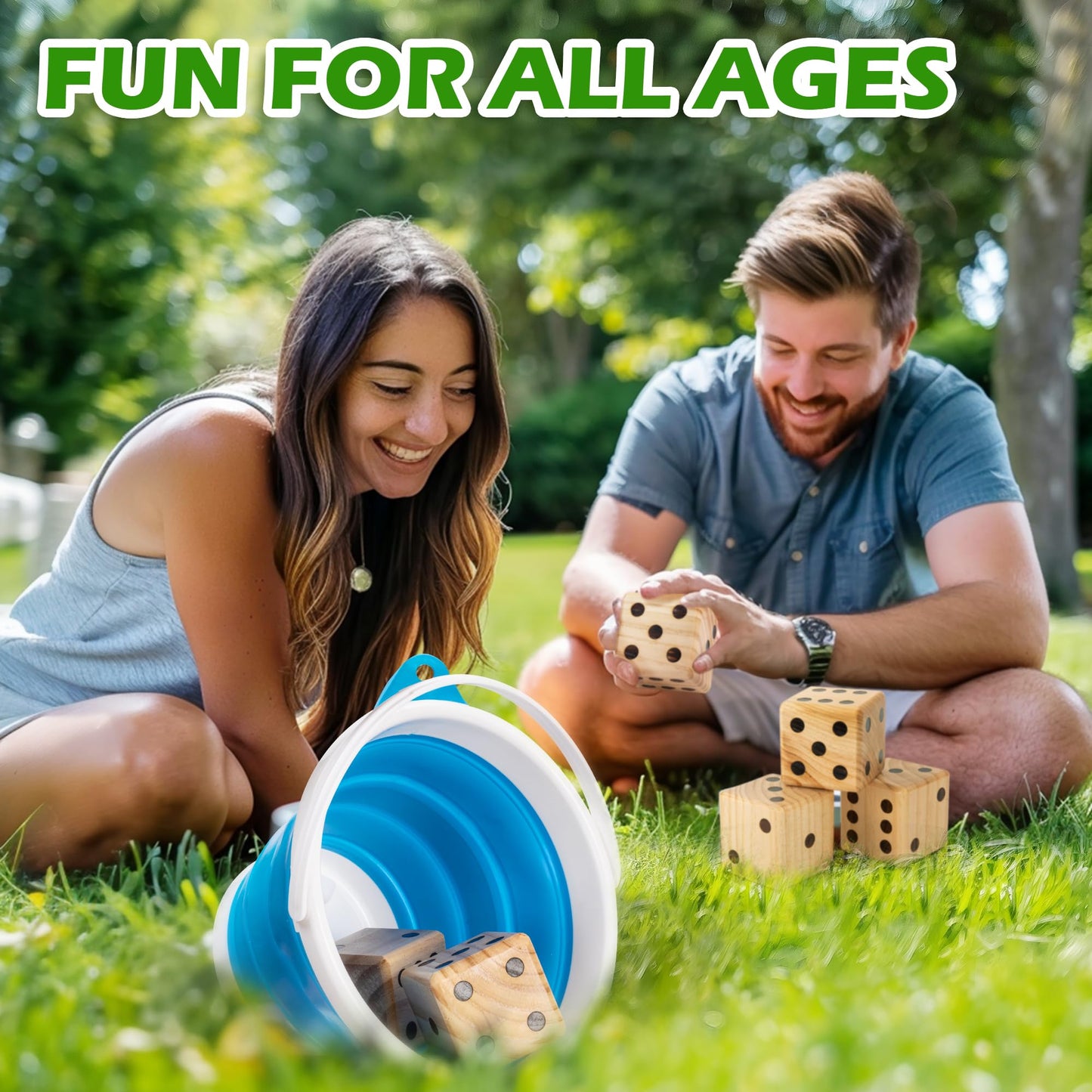 ropoda 3.5-inch Giant Wooden Yard Dice Set for Outdoor Fun | 6 Dice, Collapsible Bucket & Score Cards