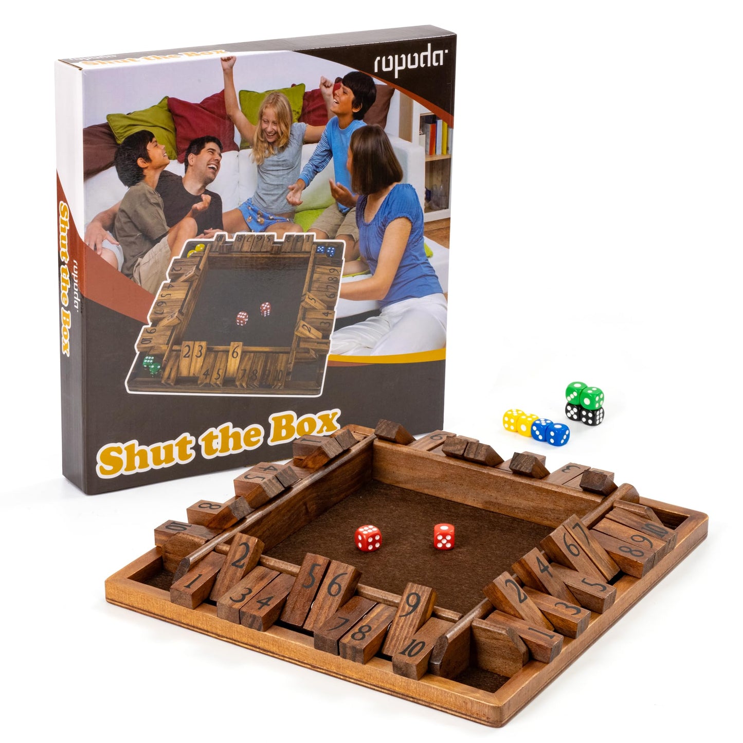 ropoda 12-Inch 4-Way Shut The Box Dice Board Game – 2-4 Players, Large Wooden Board