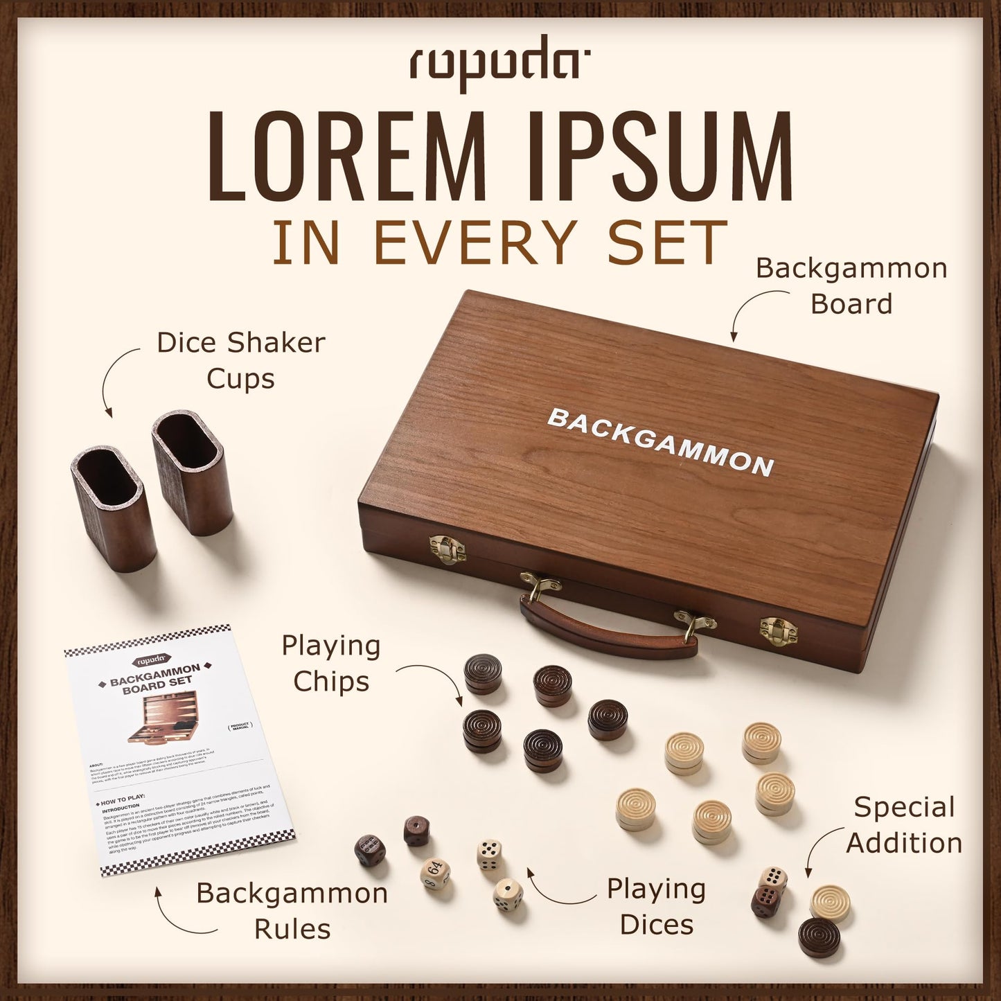 Ropoda Sapele Wood Backgammon Board Set (15-Inch) – Portable Classic Strategy Game