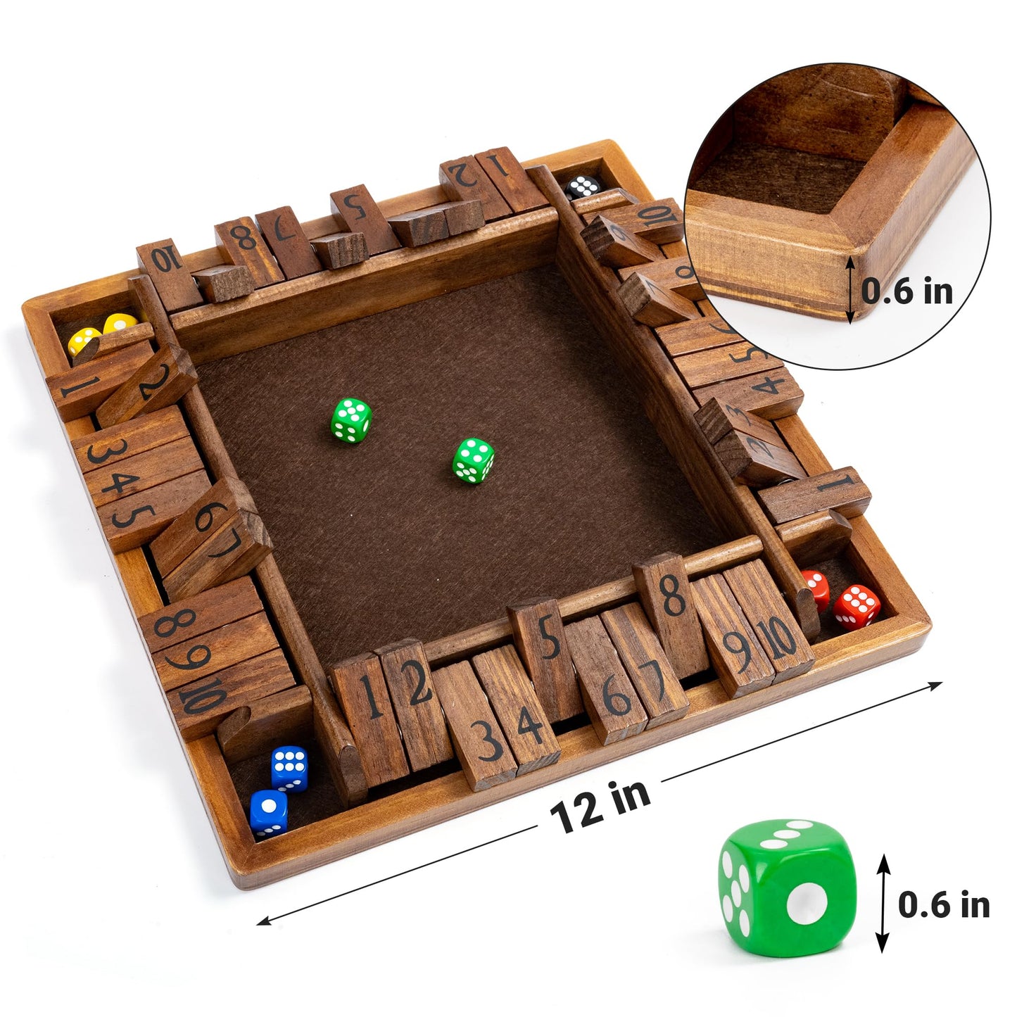 ropoda 12-Inch 4-Way Shut The Box Dice Board Game – 2-4 Players, Large Wooden Board