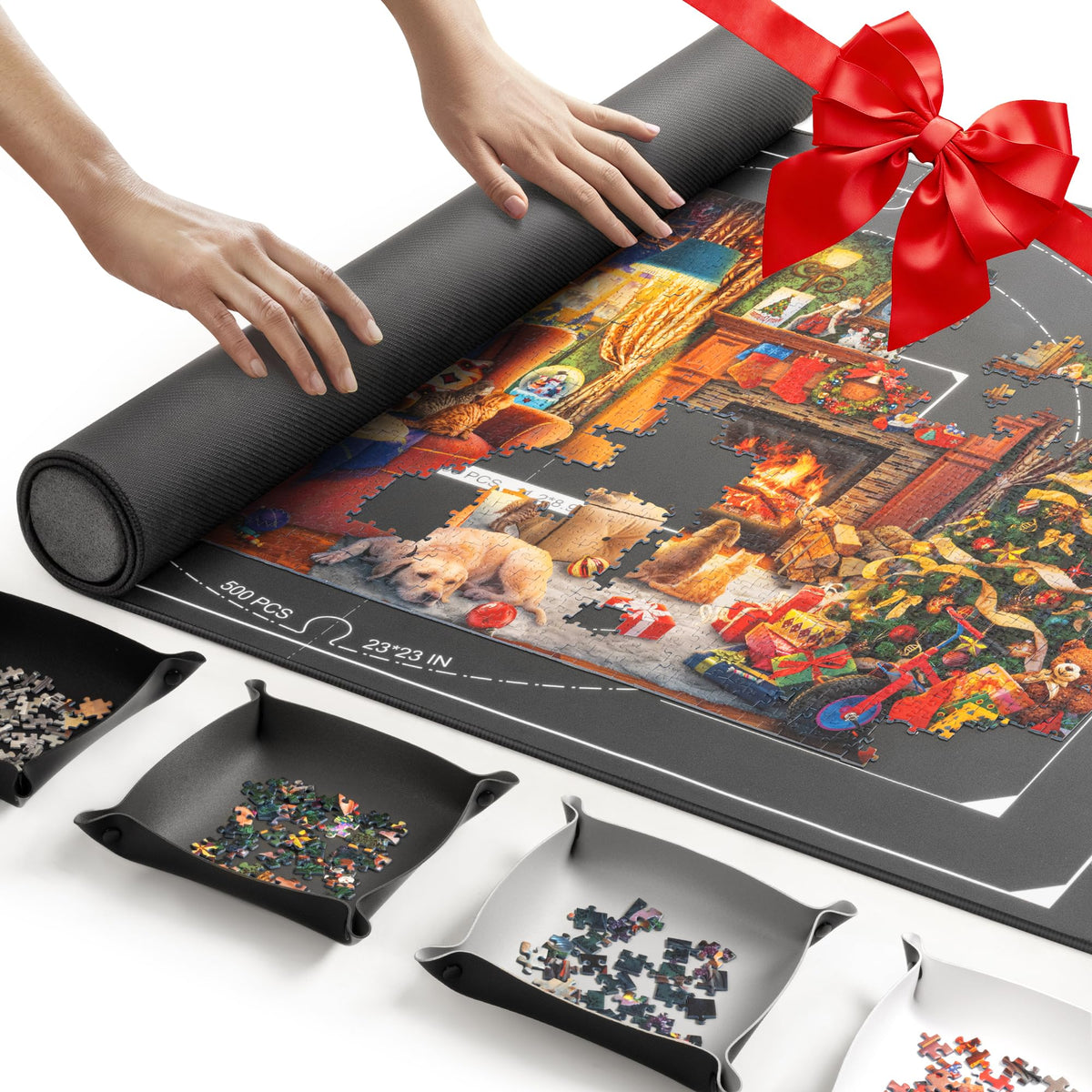 ropoda 1500-Piece Puzzle Mat Roll Up – 46 x 26 in, 4 Large Sorting Trays, Travel Bag, Portable Puzzle Keeper (Black)
