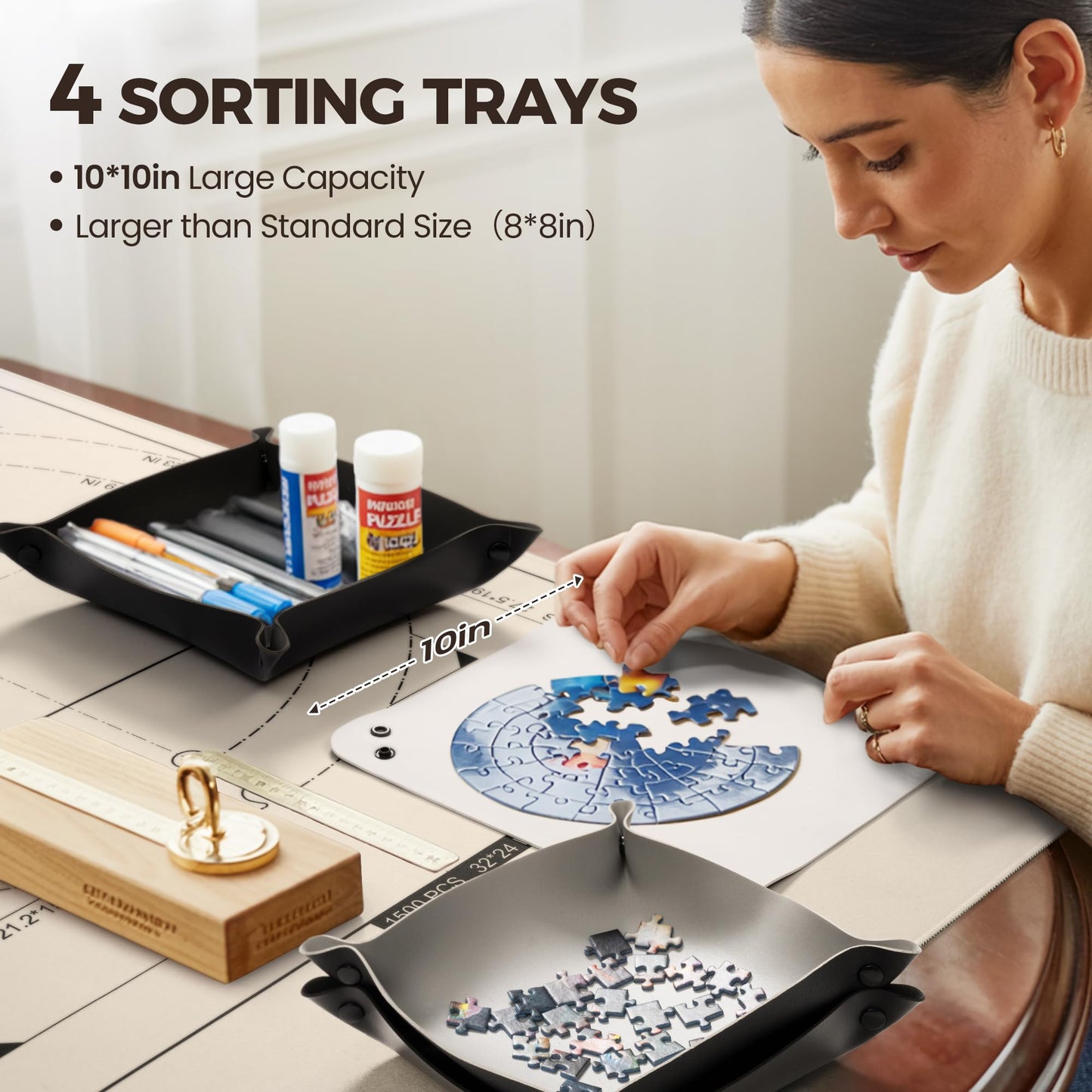ropoda 1500-Piece Puzzle Mat Roll Up with 4 Trays – Portable Puzzle Keeper (White)