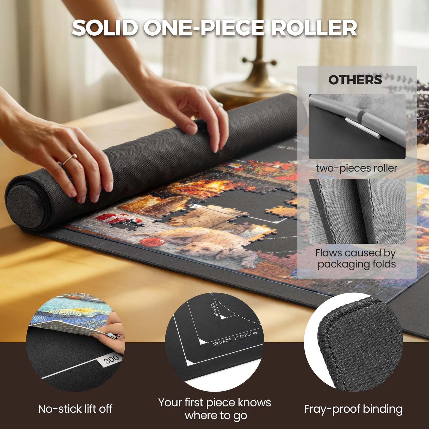 ropoda 1500-Piece Puzzle Mat Roll Up – 46 x 26 in, 4 Large Sorting Trays, Travel Bag, Portable Puzzle Keeper (Black)
