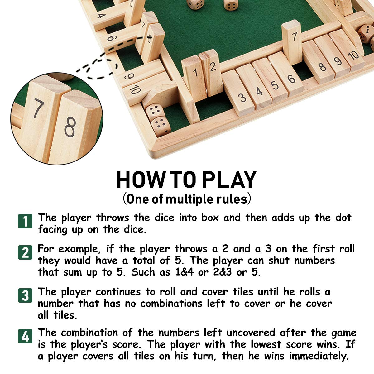 Ropoda Wooden Shut The Box Game – 2-4 Players, 12-Inch Board, 8 Dice