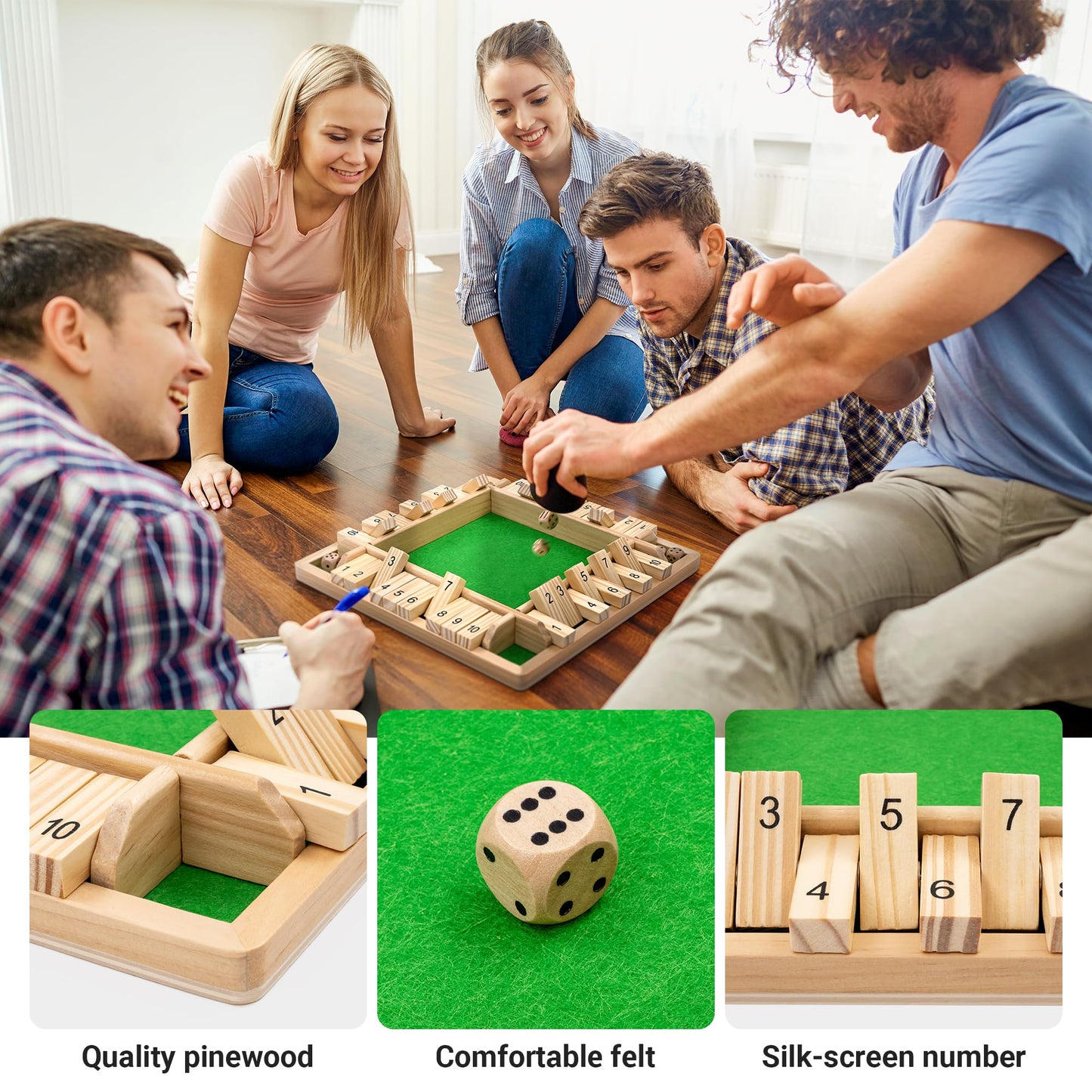 Ropoda Wooden Shut The Box Game – 2-4 Players, 12-Inch Board, 8 Dice