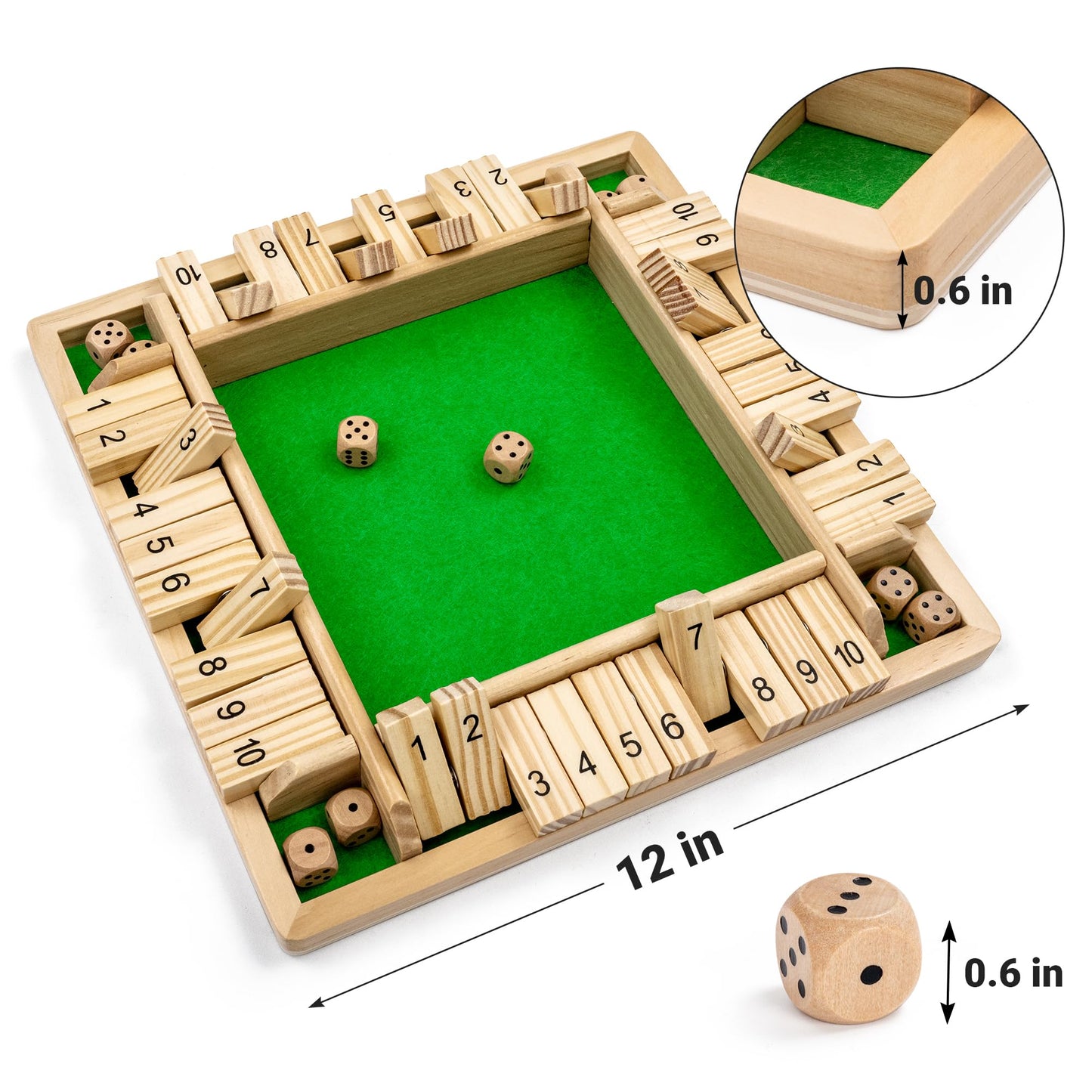 Ropoda Wooden Shut The Box Game – 2-4 Players, 12-Inch Board, 8 Dice