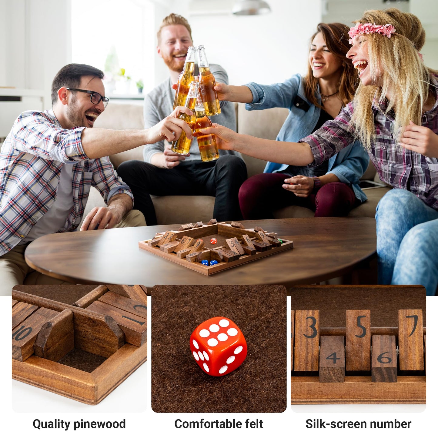 ropoda 12-Inch 4-Way Shut The Box Dice Board Game – 2-4 Players, Large Wooden Board
