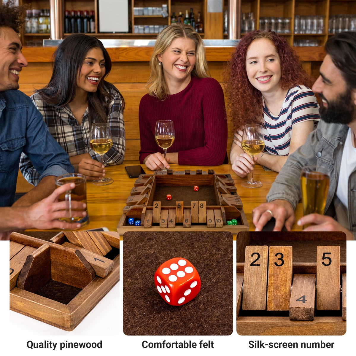 ropoda 14-Inch 4-Way Shut the Box Game – Vintage Wooden Dice Board for 2-4 Players