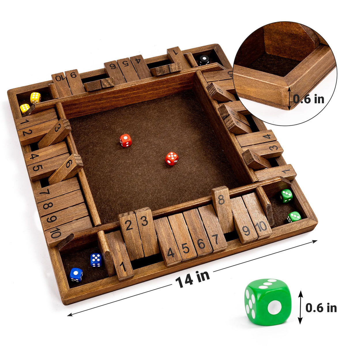 ropoda 14-Inch 4-Way Shut the Box Game – Vintage Wooden Dice Board for 2-4 Players
