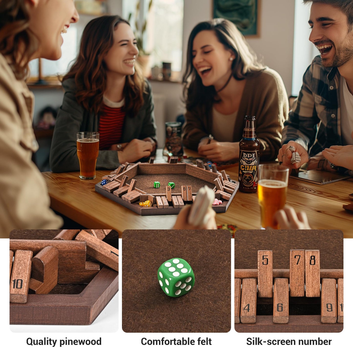 ropoda 6-Way Shut The Box Game – Upgraded Wooden Dice Game for 1-6 Players | Family Night Fun