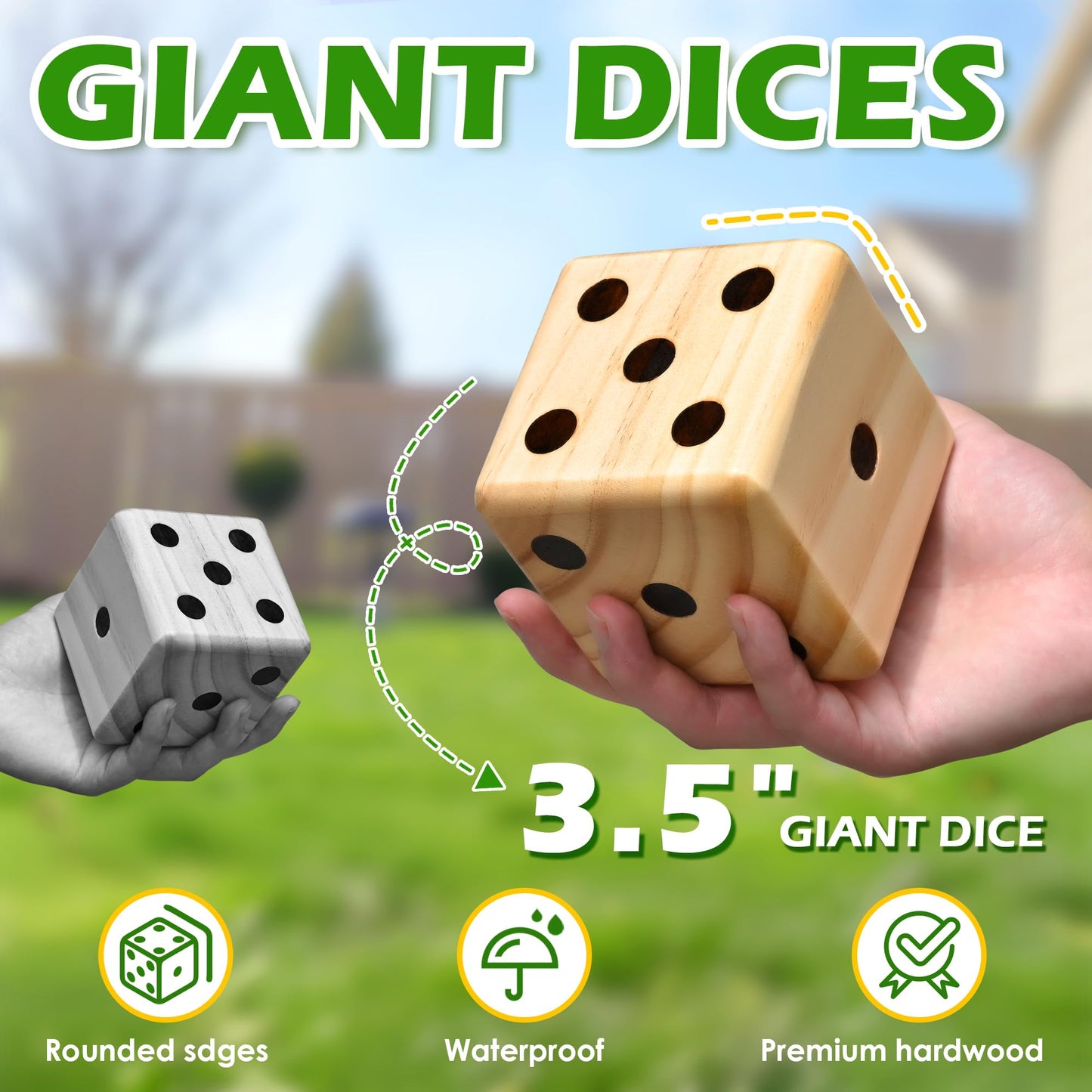 ropoda 3.5-inch Giant Wooden Yard Dice Set for Outdoor Fun | 6 Dice, Collapsible Bucket & Score Cards