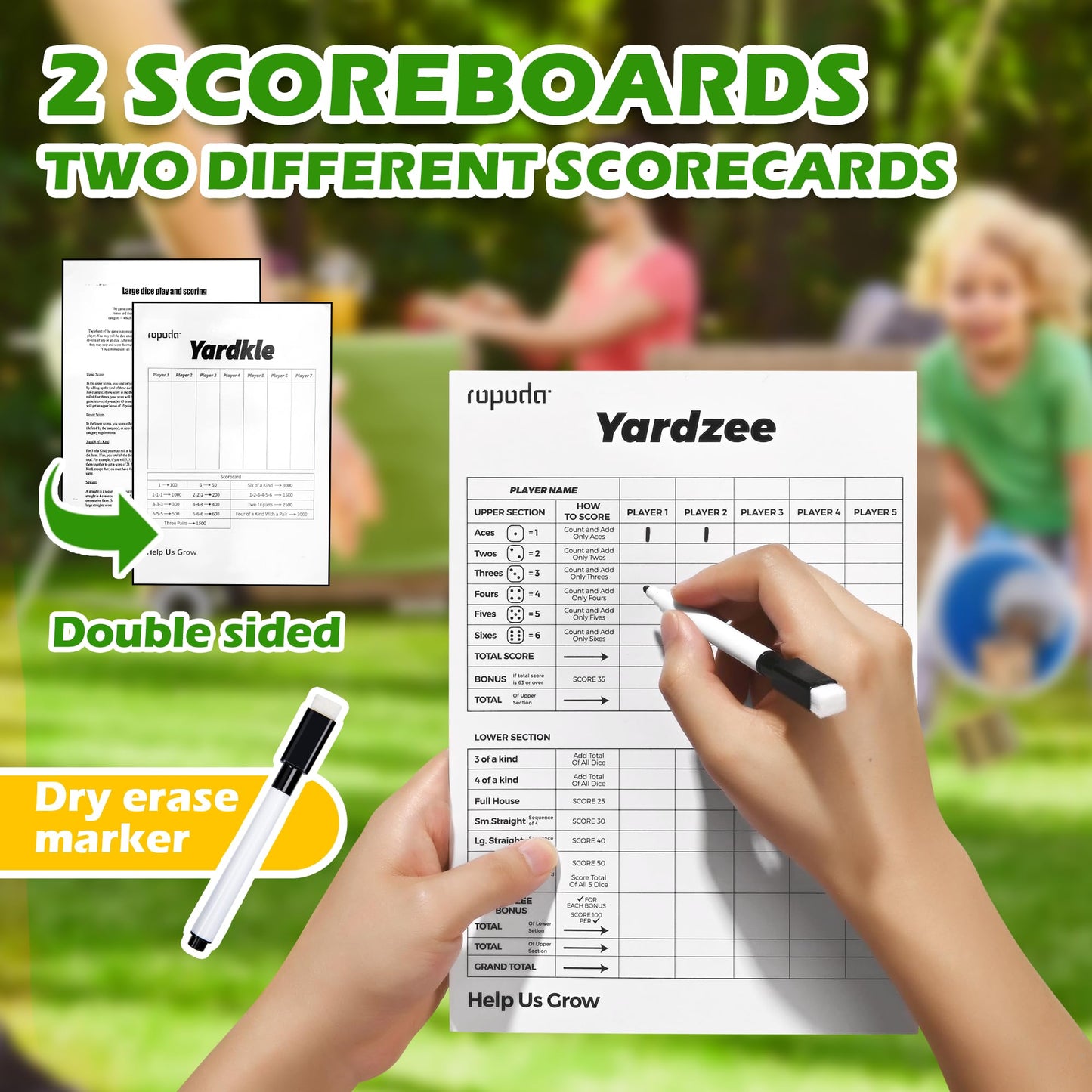 ropoda 3.5-inch Giant Wooden Yard Dice Set for Outdoor Fun | 6 Dice, Collapsible Bucket & Score Cards