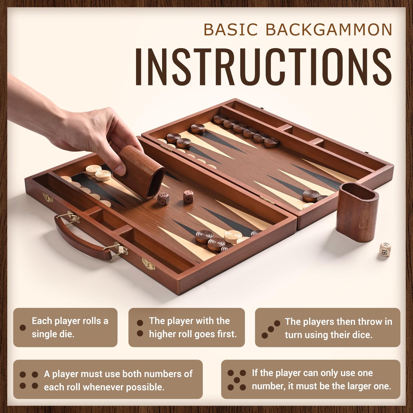 Ropoda Sapele Wood Backgammon Board Set (15-Inch) – Portable Classic Strategy Game