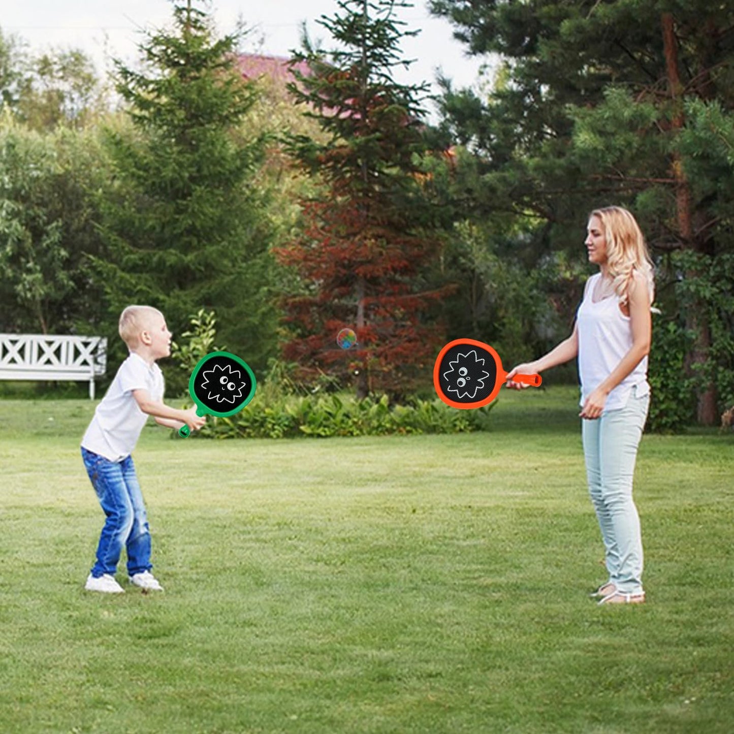 RORLAND Racquet Paddle Bouncy Ball Play Set – Indoor & Outdoor Family Games (4 Balls Included)