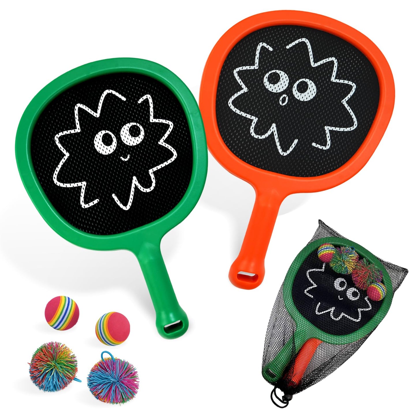 RORLAND Racquet Paddle Bouncy Ball Play Set – Indoor & Outdoor Family Games (4 Balls Included)